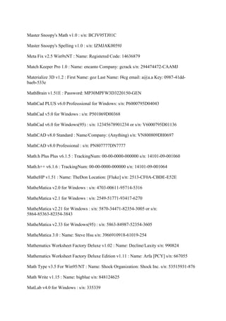 Master Snoopy's Math v1.0 : s/n: BCJV95TJ01C

Master Snoopy's Spelling v1.0 : s/n: IZMJAK0059J

Meta Fix v2.5 Win9xNT : Name: Registered Code: 14636879

Match Keeper Pro 1.0 : Name: encanto Company: gcrack s/n: 294474472-CAAMJ

Materialize 3D v1.2 : First Name: goz Last Name: f4cg email: a@a.a Key: 0987-41dd-
baeb-533e

MathBrain v1.51E : Password: MP30MPFW3D3220150-GEN

MathCad PLUS v6.0 Professsional for Windows: s/n: P6000795D04043

MathCad v5.0 for Windows : s/n: P501069D00368

MathCad v6.0 for Windows(95) : s/n: 12345678901234 or s/n: V6000795D01136

MathCAD v8.0 Standard : Name/Company: (Anything) s/n: VN800809DH0697

MathCAD v8.0 Professional : s/n: PN807777DN7777

Math.h Plus Plus v6.1.5 : TrackingNum: 00-00-0000-000000 s/n: 14101-09-001060

Math.h++ v6.1.6 : TrackingNum: 00-00-0000-000000 s/n: 14101-09-001064

MatheHP v1.51 : Name: TheDon Location: [Fluke] s/n: 2513-CF0A-CBDE-E52E

MatheMatica v2.0 for Windows : s/n: 4703-00611-95714-5316

MatheMatica v2.1 for Windows : s/n: 2549-51771-93417-6270

MatheMatica v2.21 for Windows : s/n: 5870-34471-82354-3005 or s/n:
5864-85363-82354-3843

MatheMatica v2.33 for Windows(95) : s/n: 5863-84987-52354-3605

MatheMatica 3.0 : Name: Steve Hsu s/n: 3966910918-61019-254

Mathematics Worksheet Factory Deluxe v1.02 : Name: Decline/Laxity s/n: 990824

Mathematics Worksheet Factory Deluxe Edition v1.11 : Name: Arfa [PCY] s/n: 667055

Math Type v3.5 For Win95/NT : Name: Shock Organization: Shock Inc. s/n: 53515931-876

Math Write v1.15 : Name: bigblue s/n: 848124625

MatLab v4.0 for Windows : s/n: 335339
 