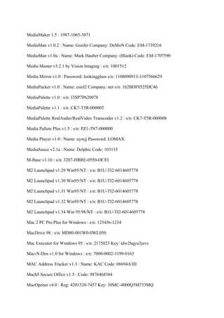 MediaMaker 1.5 : 1987-1065-3071

MediaMan v1.0.2 : Name: Goofer Company: DeMoN Code: EM-1739216

MediaMan v1.0a : Name: Mark Hauber Company: (Blank) Code: EM-1707590

Media Master v3.2.1 by Vision Imaging : s/n: 1001512

Media Mirror v1.0 : Password: lookingglass s/n: 1108090913-1107566629

MediaPacker v1.0 : Name: esiel2 Company: net s/n: 162BDF0525DC46

MediaPalette v1.0 : s/n: J3SP7P620078

MediaPalette v1.1 : s/n: CK7-T5R-000005

MediaPalette RealAudio/RealVideo Transcoder v1.2 : s/n: CK7-T5R-000008

Media Pallete Plus v1.5 : s/n: PZ1-3N7-000000

Media Player v1.0 : Name: uywjj Password: LOMAX

MediaSauce v2.1a : Name: Delphic Code: 103115

M-Base v1.16 : s/n: 3207-HRRE-0550-OCEI

M2 Launchpad v1.29 Win95/NT : s/n: B1U-TI2-6014605778

M2 Launchpad v1.30 Win95/NT : s/n: B1U-TI2-6014605778

M2 Launchpad v1.31 Win95/NT : s/n: B1U-TI2-6014605778

M2 Launchpad v1.32 Win95/NT : s/n: B1U-TI2-6014605778

M2 Launchpad v1.34 Win 95/98/NT : s/n: B1U-TI2-6014605778

Mac 2 PC Pro Plus for Windows : s/n: 123456-1234

MacDrive 98 : s/n: MD80-001W0-0WL050

Mac Executor for Windows 95 : s/n: 2175023 Key: idw2hqyu3juvs

Mac-N-Dos v1.0 for Windows : s/n: 7000-0002-1199-0165

MAC Address Tracker v1.3 : Name: KAC Code: 08694A3D

Mach5 Secure Office v1.5 : Code: 9876468384

MacOpener v4.0 : Reg: 4201520-7457 Key: 30MC-4000Q3M733MQ
 