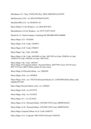 MacOpener v4.1 : Reg: 123456-2953 Key: 5K5E-24083F02A3A5-FFFF

MacPassword v3.8.0 : s/n: NOV30195MAY261951

Macrobot PRO v3.0 : s/n: 80-603231-38

Macro Model v1.5 for Windows : s/n: 0428-4079-2071

MacroDirector v5.0 for Windows : s/n: 55777-37077-29378

MacroLib 1.0 : Name/Company: (Anything) ID: 000-0000-48956-000000

Macro Magic v2.0 : 18330268

Macro Magic v3.4e : Code: 27684813

Macro Magic v3.4f : Code: 27684813

Macro Magic 3.4g : Code: 16831002

Macro Magic v3.4h : Code: 16831002 or Code: 100715253 or Code: 55943281 or Code:
15649337 or Code: 55943281 or Code: 100715254

Macro Magic 3.4k : Code: 16823017
Macro Magic 4.0 Corporate Edition : Personal Edition: 20527789 5 Users: 075 55 Users:
0075 555 Users: 00075 (follow pattern for more users)

Macro Magic 4.0 Personal Edition : s/n: 32864789

Macro Magic v4.0a : s/n: 16930034

Macro Magic v4.0c : s/n: 17932724 (Personal Edition) s/n: 1234567890 (Multi edition, after
regging personal)

Macro Magic Personal Edition v4.0e : s/n: 15944631

Macro Magic v4.0f : s/n: 65727972

Macro Magic v4.0j : s/n: 22136525

Macro Magic v4.1 : s/n: 22136525

Macro Magic v4.1a : Personal Edition: 14355500 15555 Users: 0000987654321

Macro Magic v4.1b : Personal Edition: 14355500 15555 Users: 000987654321

Macro Magic Corporate Edition v4.1d : Code: 63689735

Macro Magic v4.1i : Corporate: 09871554321 Personal: 45565210
 