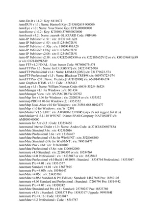 Auto-Do-It v1.1.2 : Key: 6411672
AutoDUN v1.0 : Name: blastsoft Key: 2195682619 000000
AutoEye v1.0 : Name: Your Name Key: EYE-000000000
AutoHome v1.0.2 : Key: KT0100-3780500C0000
AutoInsult v3.2 : Name: zaarnik-BLiZZARD Code: f4ff4b0b
Auto-IP Publisher v1.91 : s/n: 110391481A28
Auto-IP Publisher v1.93 : s/n: E12345672U91
Auto-IP Publisher v1.93p : s/n: 110391481A28
Auto-IP Publisher 1.93q : s/n: E12345672U91
Auto-IP Publisher v2.08 : s/n: E12345672U91
Auto-IP Publisher v2.18 : s/n: C42125602X90 or s/n: C22183652V12 or s/n: C00139681@89
or s/n: C62140691Z49
Auto FTP v1.2 FINAL : User: bunter Code: 987606075-574
AutoFTP Pro 1.3 : Name: Int13 [RBS 97] s/n: 242237472-968
AutoFTP Professional v1.4 : Name: LOMAX [DSI] s/n: 731379623-574
AutoFTP Professional v1.5 : Name: Blackstar TRPS98 s/n: 605976723-574
AutoFTP Pro v2.0 : Name: Predator/[FAITH2000] s/n: 656014749-574
Auto Graphics HTML v3.3 : Code: 18765412
AutoLog v1.1 : Name: William Noonan Code: 60636-35254-56524
AutoManager v1.1 for Windows : s/n: 001454
AutoManager View : s/n: AV-PAC10.FW120702
AutoMap Pro v1.06 for Windows : s/n: 2028038 or s/n: 4553552
Automap PRO v1.06 for Windows (2) : 4553552
AutoMap Road Atlas v4.0 for Windows : s/n: 34584-068-0102477
AutoMap v1.0 for Windows : s/n: W 12391
AutoMasker V1.5.1.107 : s/n: AMS000-12378945 (says it's not regged, but it is)
AutoMasker v1.5.1.110 W95/NT : Name: SPAB Company: NATOSOFT s/n:
AMS000-00000
Automata for Art v3.3 : Code: 133254650
Automated Internet Dialer v1.0 : Name: Andox Code: A-371ClAiD680743A
AutoMate Standard 3.6e : s/n: 432362016
AutoMate Professional 3.6e : s/n: 12336467
AutoMate Professional v3.8c for Win95/NT : s/n: 3528068400
AutoMate Standard v3.8c for Win95/NT : s/n: 749516477
AutoMate Pro v3.8d : s/n: 3136060800
AutoMate Professional v3.8e : s/n: 1306692000
Automate v4.0 Standard : s/n: 22106307 or s/n: 18534764
AutoMate v4.0 Professional : s/n: 18535047 or s/n: 18535047
AutoMate Professional v4.0 Build 1.081098 : Standard: 18534764 Professional: 18535047
Automate Pro v4.01 : s/n: 18561577
Automate Standard v4.01 : s/n: 15637895
Automate Pro v4.05b : s/n: 18546647
AutoMate v4.05c : s/n: 53435780
AutoMate v4.05c Standard & Pro Edition : Standard: 14827668 Pro: 18550102
Automate v4.06 Standard and Professional : Standard: 17209796 Pro: 18514442
Automate Pro v4.07 : s/n: 18520242
AutoMate Standard and Pro v4.1 : Standard: 25750257 Pro: 18523780
Automate v4.1b : Standard: 12881573 Pro: 18543317 Upgrade: 9999384I
Automate Pro v4.1b : Code: 18535047
AutoMate v4.2 Professional : Code: 18516787
 