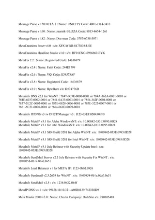 Message Parse v1.50 BETA 1 : Name: UNICITY Code: 4001-7314-3413

Message Parse v1.60 : Name: zaarnik-BLiZZA Code: 9815-8654-1261

Message Parse v1.82 : Name: Doc-man Code: 3787-6758-3071

MetaCreations Poser v4.0 : s/n: XF83WBD-8473803-USE

MetaCreations Headline Studio v1.0 : s/n: HF01CNC-6966669-EYK

MetaFix 2.2 : Name: Registered Code: 14636879

MetaFix v2.4 : Name: Faith Code: 244E1799

MetaFix v2.6 : Name: VQi Code: E34578AF

MetaFix v2.8 : Name: Registered Code: 14636879

MetaFix v2.9 : Name: ByteBurn s/n: D574776D

Metainfo DNS v2.1 for WinNT : 7847-0C3E-0000-0001 or 784A-363A-0001-0001 or
784E-6037-0002-0001 or 7851-0A33-0003-0001 or 7854-342F-0004-0001 or
7857-5E2C-0005-0001 or 785B-0828-0006-0001 or 785E-3225-0007-0001 or
7861-5C21-0008-0001 or 7864-061D-0009-0001

Metainfo IP/DNS v3 /w DHCP/Manager v3 : f123-05EF.0504.04BB

MetaInfo MetaIP v3.1 for Alpha WindowsNT: s/n: 10.00842-033E.0995.0D28
MetaInfo MetaIP v3.1 for Intel WindowsNT: s/n: 10.00842-033E.0995.0D28

MetaInfo MetaIP v3.1 SR4 Build 3281 for Alpha WinNT: s/n: 10.00842-033E.0995.0D28

MetaInfo MetaIP v3.1 SR4 Build 3281 for Intel WinNT: s/n: 10.00842-033E.0995.0D28

MetaInfo MetaIP v3.1 July Release with Security Update Intel : s/n:
10.00842-033E.0995.0D28

MetaInfo SendMail Server v2.5 July Release with Security Fix WinNT : s/n:
10.00858-0b1a.0da0.0a51

Metainfo Load Balancer v1 for META IP : f123-0b9d.0926

MetaInfo Sendmail v2.5.2639 for WinNT : s/n: 10.00858-0b1a.0da0.0a51

MetaInfo SendMail v2.5 : s/n: 1234/0b22.0b4f

MetaIP DNS v4.1 : s/n: 99458.10.10.321-A06B8139.7423E6D9

Meta Master 2000 v3.0 : Name: ChoJin Company: DarkStar s/n: 280105488
 