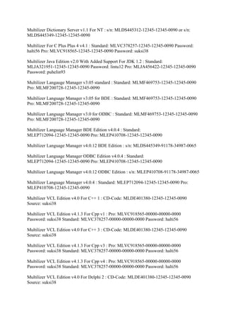 Multilizer Dictionary Server v1.1 For NT : s/n: MLDS445312-12345-12345-0090 or s/n:
MLDS445349-12345-12345-0090

Multilizer For C Plus Plus 4 v4.1 : Standard: MLVC378257-12345-12345-0090 Password:
halti56 Pro: MLVC918565-12345-12345-0090 Password: suksi38

Multilizer Java Edition v2.0 With Added Support For JDK 1.2 : Standard:
MLJA321951-12345-12345-0090 Password: lintu12 Pro: MLJA456422-12345-12345-0090
Password: puhelin93

Multilizer Langauge Manager v3.05 standard : Standard: MLMF469753-12345-12345-0090
Pro: MLMF200728-12345-12345-0090

Multilizer Language Manager v3.05 for BDE : Standard: MLMF469753-12345-12345-0090
Pro: MLMF200728-12345-12345-0090

Multilizer Language Manager v3.0 for ODBC : Standard: MLMF469753-12345-12345-0090
Pro: MLMF200728-12345-12345-0090

Multilizer Language Manager BDE Edition v4.0.4 : Standard:
MLEP712094-12345-12345-0090 Pro: MLEP410708-12345-12345-0090

Multilizer Language Manager v4.0.12 BDE Edition : s/n: MLDS445349-91178-34987-0065

Multilizer Language Manager ODBC Edition v4.0.4 : Standard:
MLEP712094-12345-12345-0090 Pro: MLEP410708-12345-12345-0090

Multilizer Language Manager v4.0.12 ODBC Edition : s/n: MLEP410708-91178-34987-0065

Multilizer Language Manager v4.0.4 : Standard: MLEP712094-12345-12345-0090 Pro:
MLEP410708-12345-12345-0090

Multilizer VCL Edition v4.0 For C++ 1 : CD-Code: MLDE401380-12345-12345-0090
Source: suksi38

Multilizer VCL Edition v4.1.3 For Cpp v1 : Pro: MLVC918565-00000-00000-0000
Password: suksi38 Standard: MLVC378257-00000-00000-0000 Password: halti56

Multilizer VCL Edition v4.0 For C++ 3 : CD-Code: MLDE401380-12345-12345-0090
Source: suksi38

Multilizer VCL Edition v4.1.3 For Cpp v3 : Pro: MLVC918565-00000-00000-0000
Password: suksi38 Standard: MLVC378257-00000-00000-0000 Password: halti56

Multilizer VCL Edition v4.1.3 For Cpp v4 : Pro: MLVC918565-00000-00000-0000
Password: suksi38 Standard: MLVC378257-00000-00000-0000 Password: halti56

Multilizer VCL Edition v4.0 For Delphi 2 : CD-Code: MLDE401380-12345-12345-0090
Source: suksi38
 