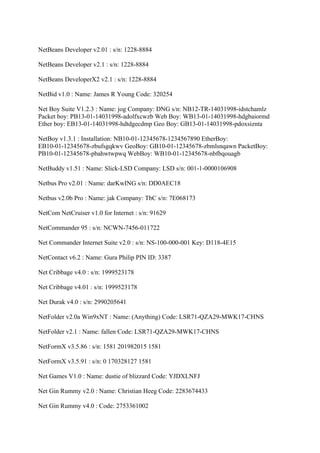 NetBeans Developer v2.01 : s/n: 1228-8884

NetBeans Developer v2.1 : s/n: 1228-8884

NetBeans DeveloperX2 v2.1 : s/n: 1228-8884

NetBid v1.0 : Name: James R Young Code: 320254

Net Boy Suite V1.2.3 : Name: jog Company: DNG s/n: NB12-TR-14031998-idstchamlz
Packet boy: PB13-01-14031998-adolfxcwzb Web Boy: WB13-01-14031998-hdgbaiormd
Ether boy: EB13-01-14031998-hdtdgecdmp Geo Boy: GB13-01-14031998-pdoxsiznta

NetBoy v1.3.1 : Installation: NB10-01-12345678-1234567890 EtherBoy:
EB10-01-12345678-zbufsgqkwv GeoBoy: GB10-01-12345678-zbmlsnqawn PacketBoy:
PB10-01-12345678-pbahwtwpwq WebBoy: WB10-01-12345678-nbfbqouagb

NetBuddy v1.51 : Name: Slick-LSD Company: LSD s/n: 001-1-0000106908

Netbus Pro v2.01 : Name: darKwING s/n: DD0AEC18

Netbus v2.0b Pro : Name: jak Company: TbC s/n: 7E068173

NetCom NetCruiser v1.0 for Internet : s/n: 91629

NetCommander 95 : s/n: NCWN-7456-011722

Net Commander Internet Suite v2.0 : s/n: NS-100-000-001 Key: D118-4E15

NetContact v6.2 : Name: Gura Philip PIN ID: 3387

Net Cribbage v4.0 : s/n: 1999523178

Net Cribbage v4.01 : s/n: 1999523178

Net Durak v4.0 : s/n: 2990205641

NetFolder v2.0a Win9xNT : Name: (Anything) Code: LSR71-QZA29-MWK17-CHNS

NetFolder v2.1 : Name: fallen Code: LSR71-QZA29-MWK17-CHNS

NetFormX v3.5.86 : s/n: 1581 201982015 1581

NetFormX v3.5.91 : s/n: 0 170328127 1581

Net Games V1.0 : Name: dustie of blizzard Code: YJDXLNFJ

Net Gin Rummy v2.0 : Name: Christian Heeg Code: 2283674433

Net Gin Rummy v4.0 : Code: 2753361002
 