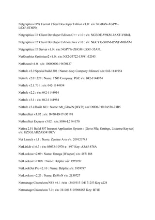 Netgraphica FPX Format Client Developer Edition v1.0 : s/n: NGBAN-XGPM-
LSXF-8TMPN

Netgraphica IIP Client Developer Edition C++ v1.0 : s/n: NGBDE-V9KM-RSXF-V6R6L

Netgraphica IIP Client Developer Edition Java v1.0 : s/n: NGCYK-X0JM-RSXF-M86XM

Netgraphica IIP Server v1.0 : s/n: NGJYW-ZHGM-LSXF-35AFL

NetGraphics Optimizer2 v1.0 : s/n: NZ2-53722-13981-52543

NetHound v1.0 : s/n: 10000000-19670127

NetInfo v2.9 Special build 308 : Name: davy Company: blizzard s/n: 042-1144954

Netinfo v2.01.520 : Name: TND Company: PGC s/n: 042-1144954

NetInfo v2.1.701 : s/n: 042-1144954

NetInfo v2.2 : s/n: 042-1144954

NetInfo v3.1 : s/n: 042-1144954

NetInfo v3.4 Build 603 : Name: Mr_GReeN [WkT!] s/n: D9D0-71B5A538-93B5

NetIntellect v3.02 : s/n: D470-R417-D7191

NetIntellect Express v3.02 : s/n: S886-L214-E70

Netiva 2.51 Build 557 Intranet Application System : (Go to File, Settings, Liscense Key tab)
s/n: UZ3GLADZAS541DCV

Net Launch v1.1 : Name: Zentaur Arts s/n: 209120745

NetLinkIt v1.6.3 : s/n: 05033-10970-a-1697 Key: A3A5-878A

NetLookout v2.09 : Name: Omega [Weapon] s/n: 4671188

NetLookout v2.09b : Name: Delphic s/n: 3959797

NetLookOut Pro v2.10 : Name: Delphic s/n: 3959797

NetLookout v2.23 : Name: DeMoN s/n: 2130727

Netmanage Chameleon/NFS v4.1 /win : 3405913104171253 Key a224

Netmanage Chameleon 7.0 : s/n: 34108131059088S3 Key: B71E
 
