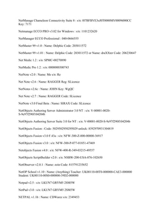 NetManage Chameleon Connectivity Suite 8 : s/n: 0l7BFBVE3oJ0T0000MV0009t000CC
Key: 7171

Netmanage ECCO PRO v3.02 for Windows : s/n: 1101232620

NetManager ECCO Professional : 040-0666555

NetMaster 99 v1.0 : Name: Delphic Code: 203011572

NetMaster 99 v1.01 : Name: Delphic Code: 203011572 or Name: draXXter Code: 206230647

Net Medic 1.2 : s/n: SPMC-00270890

NetMedic Pro 1.2 : s/n: 0000000300743

NetNote v2.0 : Name: Me s/n: Re

Net Note v2.6 : Name: RAGGER Reg: SLicence

NetNotes v2.6c : Name: JOHN Key: WgQC

Net Note v2.7 : Name: RAGGER Code: SLicence

NetNote v3.0 Final Beta : Name: SIRAX Code: SLicence

NetObjects Authoring Server Administrator 3.0 NT : s/n: V-00001-0020-
S-9e97f290f104204b

NetObjects Authoring Server Suite 3.0 for NT : s/n: V-00001-0020-S-9e97f290f104204b

NetObjects Fusion : Code: 5029502950295029 unlock: 8392970931304819

NetObjects Fusion v3.0 F.43a : s/n: NFW-300-Z-000-00000-36917

NetObjects Fusion v3.0 : s/n: NFW-300-P-077-01851-47469

Netobjects Fusion v4.0 : s/n: NFW-400-R-349-03215-49557

NetObjects ScriptBuilder v2.0 : s/n: NSBW-200-USA-076-102650

NetObserver v2.0.1 : Name: zoin Code: 815791235652

NetOP School v1.10 : Name: (Anything) Teacher: UK00110-00T0-000000-CAE3-000000
Student: UK00110-00S0-000000-39D2-000000

Netpad v2.5 : s/n: LKUN7 GRYM5 2SM5W

NetPad v3.0 : s/n: LKUN7 GRYM5 2SM5W

NETPAL v1.1b : Name: CDWarez s/n: 2349453
 
