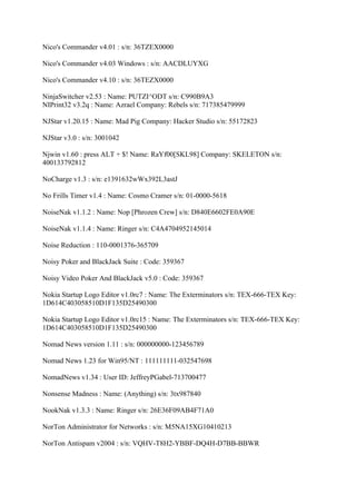 Nico's Commander v4.01 : s/n: 36TZEX0000

Nico's Commander v4.03 Windows : s/n: AACDLUYXG

Nico's Commander v4.10 : s/n: 36TEZX0000

NinjaSwitcher v2.53 : Name: PUTZI^ODT s/n: C990B9A3
NIPrint32 v3.2q : Name: Azrael Company: Rebels s/n: 717385479999

NJStar v1.20.15 : Name: Mad Pig Company: Hacker Studio s/n: 55172823

NJStar v3.0 : s/n: 3001042

Njwin v1.60 : press ALT + $! Name: RaYf00[SKL98] Company: SKELETON s/n:
400133792812

NoCharge v1.3 : s/n: e1391632wWx392L3astJ

No Frills Timer v1.4 : Name: Cosmo Cramer s/n: 01-0000-5618

NoiseNak v1.1.2 : Name: Nop [Phrozen Crew] s/n: D840E6602FE0A90E

NoiseNak v1.1.4 : Name: Ringer s/n: C4A4704952145014

Noise Reduction : 110-0001376-365709

Noisy Poker and BlackJack Suite : Code: 359367

Noisy Video Poker And BlackJack v5.0 : Code: 359367

Nokia Startup Logo Editor v1.0rc7 : Name: The Exterminators s/n: TEX-666-TEX Key:
1D614C403058510D1F135D25490300

Nokia Startup Logo Editor v1.0rc15 : Name: The Exterminators s/n: TEX-666-TEX Key:
1D614C403058510D1F135D25490300

Nomad News version 1.11 : s/n: 000000000-123456789

Nomad News 1.23 for Win95/NT : 111111111-032547698

NomadNews v1.34 : User ID: JeffreyPGabel-713700477

Nonsense Madness : Name: (Anything) s/n: 3tx987840

NookNak v1.3.3 : Name: Ringer s/n: 26E36F09AB4F71A0

NorTon Administrator for Networks : s/n: M5NA15XG10410213

NorTon Antispam v2004 : s/n: VQHV-T8H2-YBBF-DQ4H-D7BB-BBWR
 