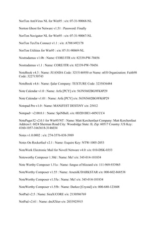 NorTon AntiVirus NL for Win95 : s/n: 07-31-90068-NL

Norton Ghost for Netware v1.51 : Password: Finally

NorTon Navigator NL for Win95 : s/n: 07-31-90067-NL

NorTon TexTra Connect v1.1 : s/n: A7881492178

NorTon Utilities for Win95 : s/n: 07-31-90069-NL

Nostradamus v1.0b : Name: CORE/ITR s/n: 82339-PW-70456

Nostradamus v1.1 : Name: CORE/ITR s/n: 82339-PW-70456

NoteBook v4.3 : Name: JUANDA Code: 3215146950 or Name: n03l Organization: Faith98
Code: 3227150743

NoteBook v4.6 : Name: fjalar Company: TEXTURE Code: 3235836484

Note Calendar v1.0 : Name: Arfa [PCY] s/n: 563N5602BG9FK8P29

Note Calendar v1.01 : Name: Arfa [PCY] s/n: 563N5602BG9FK8P29

Notepad Pro v1.0 : Name: MANiFEST DESTiNY s/n: 25412

Notepad+ v2.00.0.1 : Name: SpiNBalL s/n: 0D2D1BE1-605CCC4

NotePager32 v2.0.1 for Win95/NT : Name: Matt Kerchenfaut Company: Matt Kerchenfaut
Address1: 6024 Sherman Road City: Woodridge State: IL Zip: 60517 Country: US Key:
4160-1057-1663618-3146034

Notes v1.0.0002 : s/n: 274-3576-838-3989

Notes On Rocketfuel v2.1 : Name: Esquire Key: NTW-1005-2053

NoteWork Electronic Mail for Novell Netware v4.0: s/n: 010-DSK-0353

Noteworthy Composer 1.30d : Name: Me! s/n: 345-014-101834

Note Worthy Composer 1.51a : Name: fungus of blizzard s/n: 111-969-933965

NoteWorthy Composer v1.55 : Name: ArseniK/DARKSTAR s/n: 000-602-868538

NoteWorthy Composer v1.55a : Name: Me! s/n: 345-014-101834

NoteWorthy Composer v1.55b : Name: Darkzz [Crystal] s/n: 000-680-123608

NotPad v2.5 : Name: SiraX/CORE s/n: 2130586769

NotPad v2.61 : Name: draXXter s/n: 2033925915
 