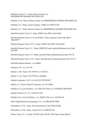 OrMedia Version 2.1 : Name: Dolores Cansler s/n:
88DED8DEE4CAE64086C2DCE6D8CAE4

Ormedia v2.1b : Name: Dolores Cansler s/n: 88DED8DEE4CAE64086C2DCE6D8CAE4

OrMedia v2.5 : Name: escom Company: CORE s/n: SN02372198

OrMedia v2.7 : Name: Dolores Cansler s/n: 88DED8DEE4CAE64086C2DCE6D8CAE4

OstroSoft Internet Tools 2.5 : Name: TRPS Code: 00011-kfai-01885

OstroSoft Internet Tools v2.5.31 for WinNT : Name: justarius of dsi Code: 66677-
zbbg-66677

OstroSoft Internet Tools v2.5.35 : Name: TRPS Code: 00011-kfai-01885

OstroSoft Internet Tools v3.1 : Name: SPRITEX Email: spritex99@hotmail.com Code:
6235409

OstroSoft Internet Tools v3.3 : Name: John Bar Email: jb@hotmail.org Code: 815172

OstroSoft Internet Tools v3.4.5 : Name: John Bar Email: jb@hotmail.org Code: 815172

OttoPaths Human Software : s/n: 460001

Outatime v3.0 : s/n: 3111738

Outline! v1.0b : Name: TUC PC99 s/n: 113163CC

Outline! v1.1d : Name: TUC PC99 s/n: Pj0jI0kk

Outlook Automator v2.05 : s/n: OLA-215-7079959A7

OutPro v1.3 : Press Control-F5 and enter: s/n: Z111GBD

OutSide In v2.1g for Windows : s/n: OW218312364 or s/n: WINOI221700100369

Outside In Server 1.0 : s/n: 12345678-7326

OutSide View v3.2 for Windows : s/n: AB9321-526 or s/n: 18VS48-391

OWL Simple Business Accounting v1.21 : s/n: SBA-DW95-0000

OziExplorer v3.73e : Name: The Exterminators Code: $6D14A40D

OziExplorer v3.70a : Name: Arcane UCT s/n: $B374A1CB

Ozzino Texter v2.1 : UserID: TE2245 Code: E3478T_3033 Name: Brent Barrow
 