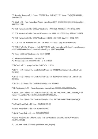 PC Security System v3.5 : Name: DNG98 Key: A6EAA25521 Name: Flu[X]/DNG98 Key:
7603506D77

PC Stitch v5.0 : First Name/Last Name: (Anything) CC#: 4580458045804580 Unlock Key:
R8JE2G8YBH

PC TCP Network v3.0 for DOS & Wind : s/n: 1990-1025-7300 Key: 3751-6732-9871

PC TCP Network v3.0 for Dos and Windows: s/n: 1990-1025-7300 Key: 3751-6732-9871

PC TCP Network v3.0 for DOS/Windows : #/1990-1025-7300 Key/3751-6732-9871

PC TCP v1.1 for Windows and Dos : s/n: 3917-3337-0007 Key: 3776-9499-4365

PC TCP/IP v3.0 for Windows : (edit PCTCP.INI under [pctcp kernel]) line #1: serial-number
= 1995-1995-0000 line #2: authentication-Key = 3547-7666-3844

PC Tools v2.00 for Windows : s/n: 11-50-01415

PC Xware for Windows 95 : s/n: 103076
PC-Xware 5.02 : s/n: 090657 Code: 1-3-0-1FB6E6

PCBCheck v3.23 : sysop: Me bbs: MCC s/n: 119233

PCBFV +v3.8 : Name: The GuaRDiaN aNGeL s/n: 6412274 or Name: TeLLeRBoP s/n:
2618582

PCBFX +v2.2 : Name: The GuaRDiaN aNGeL s/n: 5204927 or Name: TeLLeRBoP s/n:
2250386

PCBFX v2.2 : Name: The GuaRDiaN aNGeL s/n: 5204927

PCB Navigator v1.3.5 : Name/Company: blastsoft s/n: 000000x000d0b0000g00w

PChat V1.21+ : Name: The GuaRDiaN aNGeL Key: TRVAENVPCO16KUAOPMQV or
Name: TeLLeRBoP Key: L02CU83GKI91BNOMSVNM .

PChat V1.21b : Name: The GuaRDiaN aNGeL Key: TRVAENVPCO16KUAOPMQV

PckWick PowerPack v4.0 /win : 5062180192v09

PcKwik Power Pak v3.11 : s/n: 304877327A07

PcKwik Power Pak v4.0 : s/n: 5051835972R09

PcKwik PowerPak for DOS v6.1 and v3.1 for Windows: s/n: 5062180192V09 or s/n:
5062736300U10

PC Life 2000 v3.00.2 : Name: yamman Code: jtuejmdj
 