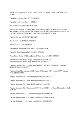 Planets The Exploration of Space : s/n 1: 5874 s/n 2: 4256 s/n 3: 7208 s/n 4: 9665 s/n 5:
10189

Planet Zip v5.0 : s/n: GMA 17195 3112 1234

Planet Zip v5.05 : s/n: GMA 17195 3112

Plan It v1.00 : s/n: A9D1CFA25E2C048C

PlanIt v1.01 : 5 Users: F4A669A2897629C5 10 Users: AF62C9A0086C523E 25 Users:
A6550B445F53D30F 50 Users: A8D97604B2212C6C 100 Users: BD14F5E7DE0D6C26
250 Users: 3DFDAE2773DD45E7 1000 Users: A9D1CFA25E2C048C

PlanIt v1.02 : s/n: 3DFDAE2773DD45E7

Plan-It v1.03 : s/n: F4A669A2897629C5

Plan-It v1.10 : 5 Users: 46692897

Planix Home Architect v2.0 for Win95 : s/n: 90009-PH200

Planix 3D Home Design v3.1A : s/n: 15573172-110

Planix Home Design 3D Classic Edition Deluxe v3.1a : s/n: 15826144-110

Plant Studio v1.02 : Name: fungus of blizzard s/n: 5641441541
Plant Studio v1.40 : Name: davy - blizzard s/n: 5687467450

Platinum Desktop DBA v3.4.1 for Windows 95/NT: s/n: 123456789012345 Password:
HBR0IJ2I5QJEI1ATQJJQWT

Platinum ModelMart Manager v3.02 : Name: TC Company: PFT s/n: mo007777 License:
8040-2629-2664-8406

Platypus Animator v2.0 : Name: Omega [Weapon] s/n: CVILEH

Platypus Animator v2.4 : Name: Omega [Weapon] s/n: CVILEH

Platypus Animator v3.0 : Name: BaRT SiMPSoN s/n: C05FP

Platypus Animator v3.2 : Name: Azrael [PC] Code: KHCB`M or Name: Phrozen Crew Code:
KEPF_Q

PlayMax for BaseBall v1.2 : Name: (Anything) s/n: 9808PB00017

PlayMax for BasketBall v1.2 : Name: (Anything) s/n: 9808PK00017

PlayMax for Hockey v1.2 : Name: (Anything) s/n: 9808PH00017
 