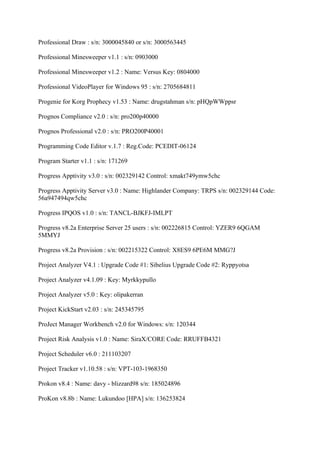 Professional Draw : s/n: 3000045840 or s/n: 3000563445

Professional Minesweeper v1.1 : s/n: 0903000

Professional Minesweeper v1.2 : Name: Versus Key: 0804000

Professional VideoPlayer for Windows 95 : s/n: 2705684811

Progenie for Korg Prophecy v1.53 : Name: drugstahman s/n: pHQpWWppsr

Prognos Compliance v2.0 : s/n: pro200p40000

Prognos Professional v2.0 : s/n: PRO200P40001

Programming Code Editor v.1.7 : Reg.Code: PCEDIT-06124

Program Starter v1.1 : s/n: 171269

Progress Apptivity v3.0 : s/n: 002329142 Control: xmakt749ymw5chc

Progress Apptivity Server v3.0 : Name: Highlander Company: TRPS s/n: 002329144 Code:
56a947494qw5chc

Progress IPQOS v1.0 : s/n: TANCL-BJKFJ-IMLPT

Progress v8.2a Enterprise Server 25 users : s/n: 002226815 Control: YZER9 6QGAM
5MMYJ

Progress v8.2a Provision : s/n: 002215322 Control: X8ES9 6PE6M MMG?J

Project Analyzer V4.1 : Upgrade Code #1: Sibelius Upgrade Code #2: Ryppyotsa

Project Analyzer v4.1.09 : Key: Myrkkypullo

Project Analyzer v5.0 : Key: olipakerran

Project KickStart v2.03 : s/n: 245345795

ProJect Manager Workbench v2.0 for Windows: s/n: 120344

Project Risk Analysis v1.0 : Name: SiraX/CORE Code: RRUFFB4321

Project Scheduler v6.0 : 211103207

Project Tracker v1.10.58 : s/n: VPT-103-1968350

Prokon v8.4 : Name: davy - blizzard98 s/n: 185024896

ProKon v8.8b : Name: Lukundoo [HPA] s/n: 136253824
 