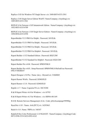 Replica v3.03 for Windows NT Single Server: s/n: 1049-0855-6333-3561

Replica v3.05 Single Server Edition WinNT: Name/Company: (Anything) s/n:
1049-0855-6333-3561

REPLICA for Netware v3.05 Intranetwork Edition : Name/Company: (Anything) s/n:
1052-0855-6333-6709

REPLICA for Netware v3.05 Single Server Edition : Name/Company: (Anything) s/n:
1050-0856-6333-4594

ReportBuilder V3.5 PRO For Delphi : Password: 36VZLK-

ReportBuilder V3.51 PRO For Delphi : Password: 36VZLK-

ReportBuilder V3.52 PRO For Delphi : Password: 36VZLK-

ReportBuilder V3.52 PRO For Delphi4 : Password: 36VZLK-

Report Builder v3.52 Standard Edition : Password: RXZ12M!

ReportBuilder V3.52 Standard For Delphi4 : Password: RXZ12M!

Report Builder Pro v4.04 : Password: SPRINTMLS

Report Builder Pro v4.05 : Setup Password: SPRINTMLS OleEndUser Password:
ONLYTHEBEST

Report Designer v3.0 Pro : Name: davy - blizzard s/n: 31060069

Report Runner Win9x : Password: GO4GOLD

Report Runner v3.14 : Password: GO4GOLD

Reptile v1.7 : Name: Capoeira/TS s/n: 10C3528E

R & R Report Writer v6.0 for Windows : s/n: 65793

R & R Report Writer v6.5 for Windows : s/n: RRW6-481169

R.S.M. Remote Services Management v4.2a : Code: p42a1kcampaign!99990ijj

RacerNet v1.01 : Name: Arfa [PCY] s/n: 16293863

Rack-It v1.0 : Name: TRPS s/n: 160187

RadaSoft Hex Color Professional v1.0 Win9xNT : Name/Company: (Anything) Code:
0075-9590-3519-5652-0583-4163
 