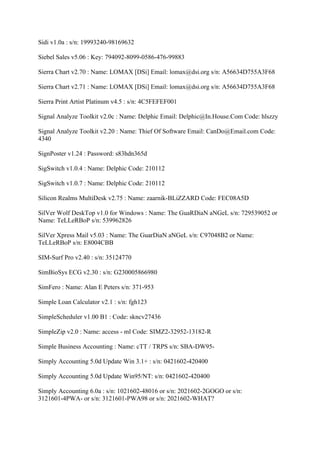 Sidi v1.0a : s/n: 19993240-98169632

Siebel Sales v5.06 : Key: 794092-8099-0586-476-99883

Sierra Chart v2.70 : Name: LOMAX [DSi] Email: lomax@dsi.org s/n: A56634D755A3F68

Sierra Chart v2.71 : Name: LOMAX [DSi] Email: lomax@dsi.org s/n: A56634D755A3F68

Sierra Print Artist Platinum v4.5 : s/n: 4C5FEFEF001

Signal Analyze Toolkit v2.0c : Name: Delphic Email: Delphic@In.House.Com Code: hlszzy

Signal Analyze Toolkit v2.20 : Name: Thief Of Software Email: CanDo@Email.com Code:
4340

SignPoster v1.24 : Password: s83hdn365d

SigSwitch v1.0.4 : Name: Delphic Code: 210112

SigSwitch v1.0.7 : Name: Delphic Code: 210112

Silicon Realms MultiDesk v2.75 : Name: zaarnik-BLiZZARD Code: FEC08A5D

SilVer Wolf DeskTop v1.0 for Windows : Name: The GuaRDiaN aNGeL s/n: 729539052 or
Name: TeLLeRBoP s/n: 539962826

SilVer Xpress Mail v5.03 : Name: The GuarDiaN aNGeL s/n: C97048B2 or Name:
TeLLeRBoP s/n: E8004CBB

SIM-Surf Pro v2.40 : s/n: 35124770

SimBioSys ECG v2.30 : s/n: G230005866980

SimFero : Name: Alan E Peters s/n: 371-953

Simple Loan Calculator v2.1 : s/n: fgh123

SimpleScheduler v1.00 B1 : Code: skncv27436

SimpleZip v2.0 : Name: access - ml Code: SIMZ2-32952-13182-R

Simple Business Accounting : Name: cTT / TRPS s/n: SBA-DW95-

Simply Accounting 5.0d Update Win 3.1+ : s/n: 0421602-420400

Simply Accounting 5.0d Update Win95/NT: s/n: 0421602-420400

Simply Accounting 6.0a : s/n: 1021602-48016 or s/n: 2021602-2GOGO or s/n:
3121601-4PWA- or s/n: 3121601-PWA98 or s/n: 2021602-WHAT?
 