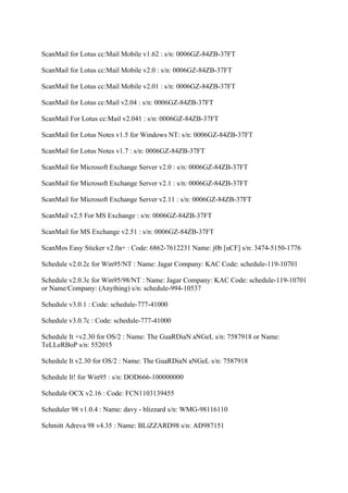 ScanMail for Lotus cc:Mail Mobile v1.62 : s/n: 0006GZ-84ZB-37FT

ScanMail for Lotus cc:Mail Mobile v2.0 : s/n: 0006GZ-84ZB-37FT

ScanMail for Lotus cc:Mail Mobile v2.01 : s/n: 0006GZ-84ZB-37FT

ScanMail for Lotus cc:Mail v2.04 : s/n: 0006GZ-84ZB-37FT

ScanMail For Lotus cc:Mail v2.041 : s/n: 0006GZ-84ZB-37FT

ScanMail for Lotus Notes v1.5 for Windows NT: s/n: 0006GZ-84ZB-37FT

ScanMail for Lotus Notes v1.7 : s/n: 0006GZ-84ZB-37FT

ScanMail for Microsoft Exchange Server v2.0 : s/n: 0006GZ-84ZB-37FT

ScanMail for Microsoft Exchange Server v2.1 : s/n: 0006GZ-84ZB-37FT

ScanMail for Microsoft Exchange Server v2.11 : s/n: 0006GZ-84ZB-37FT

ScanMail v2.5 For MS Exchange : s/n: 0006GZ-84ZB-37FT

ScanMail for MS Exchange v2.51 : s/n: 0006GZ-84ZB-37FT

ScanMos Easy Sticker v2.0a+ : Code: 6862-7612231 Name: j0b [uCF] s/n: 3474-5150-1776

Schedule v2.0.2c for Win95/NT : Name: Jagar Company: KAC Code: schedule-119-10701

Schedule v2.0.3c for Win95/98/NT : Name: Jagar Company: KAC Code: schedule-119-10701
or Name/Company: (Anything) s/n: schedule-994-10537

Schedule v3.0.1 : Code: schedule-777-41000

Schedule v3.0.7c : Code: schedule-777-41000

Schedule It +v2.30 for OS/2 : Name: The GuaRDiaN aNGeL s/n: 7587918 or Name:
TeLLeRBoP s/n: 552015

Schedule It v2.30 for OS/2 : Name: The GuaRDiaN aNGeL s/n: 7587918

Schedule It! for Win95 : s/n: DOD666-100000000

Schedule OCX v2.16 : Code: FCN1103139455

Scheduler 98 v1.0.4 : Name: davy - blizzard s/n: WMG-98116110

Schmitt Adreva 98 v4.35 : Name: BLiZZARD98 s/n: AD987151
 
