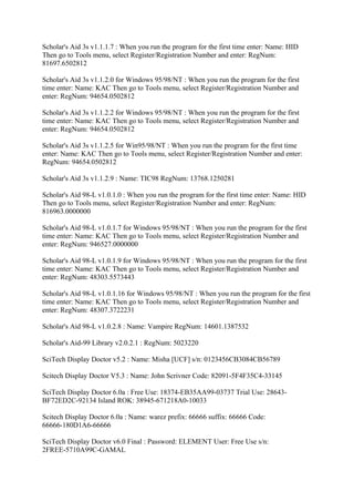 Scholar's Aid 3s v1.1.1.7 : When you run the program for the first time enter: Name: HID
Then go to Tools menu, select Register/Registration Number and enter: RegNum:
81697.6502812

Scholar's Aid 3s v1.1.2.0 for Windows 95/98/NT : When you run the program for the first
time enter: Name: KAC Then go to Tools menu, select Register/Registration Number and
enter: RegNum: 94654.0502812

Scholar's Aid 3s v1.1.2.2 for Windows 95/98/NT : When you run the program for the first
time enter: Name: KAC Then go to Tools menu, select Register/Registration Number and
enter: RegNum: 94654.0502812

Scholar's Aid 3s v1.1.2.5 for Win95/98/NT : When you run the program for the first time
enter: Name: KAC Then go to Tools menu, select Register/Registration Number and enter:
RegNum: 94654.0502812

Scholar's Aid 3s v1.1.2.9 : Name: TIC98 RegNum: 13768.1250281

Scholar's Aid 98-L v1.0.1.0 : When you run the program for the first time enter: Name: HID
Then go to Tools menu, select Register/Registration Number and enter: RegNum:
816963.0000000

Scholar's Aid 98-L v1.0.1.7 for Windows 95/98/NT : When you run the program for the first
time enter: Name: KAC Then go to Tools menu, select Register/Registration Number and
enter: RegNum: 946527.0000000

Scholar's Aid 98-L v1.0.1.9 for Windows 95/98/NT : When you run the program for the first
time enter: Name: KAC Then go to Tools menu, select Register/Registration Number and
enter: RegNum: 48303.5573443

Scholar's Aid 98-L v1.0.1.16 for Windows 95/98/NT : When you run the program for the first
time enter: Name: KAC Then go to Tools menu, select Register/Registration Number and
enter: RegNum: 48307.3722231

Scholar's Aid 98-L v1.0.2.8 : Name: Vampire RegNum: 14601.1387532

Scholar's Aid-99 Library v2.0.2.1 : RegNum: 5023220

SciTech Display Doctor v5.2 : Name: Misha [UCF] s/n: 0123456CB3084CB56789

Scitech Display Doctor V5.3 : Name: John Scrivner Code: 82091-5F4F35C4-33145

SciTech Display Doctor 6.0a : Free Use: 18374-EB35AA99-03737 Trial Use: 28643-
BF72ED2C-92134 Island ROK: 38945-671218A0-10033

Scitech Display Doctor 6.0a : Name: warez prefix: 66666 suffix: 66666 Code:
66666-180D1A6-66666

SciTech Display Doctor v6.0 Final : Password: ELEMENT User: Free Use s/n:
2FREE-5710A99C-GAMAL
 