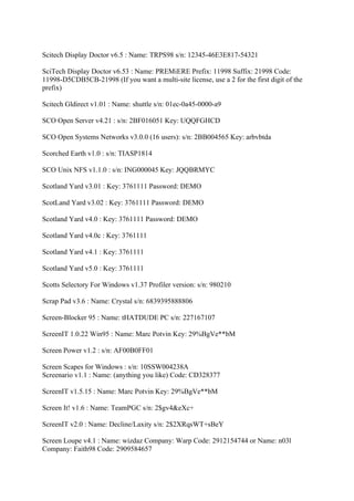 Scitech Display Doctor v6.5 : Name: TRPS98 s/n: 12345-46E3E817-54321

SciTech Display Doctor v6.53 : Name: PREMiERE Prefix: 11998 Suffix: 21998 Code:
11998-D5CDB5CB-21998 (If you want a multi-site license, use a 2 for the first digit of the
prefix)

Scitech Gldirect v1.01 : Name: shuttle s/n: 01ec-0a45-0000-a9

SCO Open Server v4.21 : s/n: 2BF016051 Key: UQQFGHCD

SCO Open Systems Networks v3.0.0 (16 users): s/n: 2BB004565 Key: arbvbtda

Scorched Earth v1.0 : s/n: TIASP1814

SCO Unix NFS v1.1.0 : s/n: ING000045 Key: JQQBRMYC

Scotland Yard v3.01 : Key: 3761111 Password: DEMO

ScotLand Yard v3.02 : Key: 3761111 Password: DEMO

Scotland Yard v4.0 : Key: 3761111 Password: DEMO

Scotland Yard v4.0c : Key: 3761111

Scotland Yard v4.1 : Key: 3761111

Scotland Yard v5.0 : Key: 3761111

Scotts Selectory For Windows v1.37 Profiler version: s/n: 980210

Scrap Pad v3.6 : Name: Crystal s/n: 6839395888806

Screen-Blocker 95 : Name: tHATDUDE PC s/n: 227167107

ScreenIT 1.0.22 Win95 : Name: Marc Potvin Key: 29%BgVe**bM

Screen Power v1.2 : s/n: AF00B0FF01

Screen Scapes for Windows : s/n: 10SSW004238A
Screenario v1.1 : Name: (anything you like) Code: CD328377

ScreenIT v1.5.15 : Name: Marc Potvin Key: 29%BgVe**bM

Screen It! v1.6 : Name: TeamPGC s/n: 2$gv4&eXc+

ScreenIT v2.0 : Name: Decline/Laxity s/n: 2$2XRqsWT+sBeY

Screen Loupe v4.1 : Name: wizdaz Company: Warp Code: 2912154744 or Name: n03l
Company: Faith98 Code: 2909584657
 