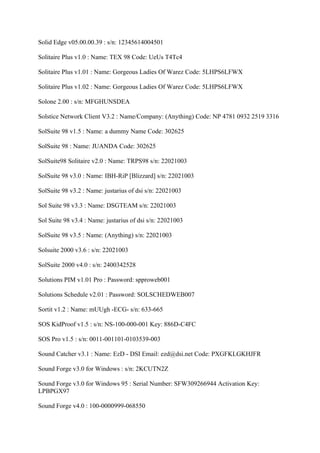 Solid Edge v05.00.00.39 : s/n: 12345614004501

Solitaire Plus v1.0 : Name: TEX 98 Code: UeUs T4Tc4

Solitaire Plus v1.01 : Name: Gorgeous Ladies Of Warez Code: 5LHPS6LFWX

Solitaire Plus v1.02 : Name: Gorgeous Ladies Of Warez Code: 5LHPS6LFWX

Solone 2.00 : s/n: MFGHUNSDEA

Solstice Network Client V3.2 : Name/Company: (Anything) Code: NP 4781 0932 2519 3316

SolSuite 98 v1.5 : Name: a dummy Name Code: 302625

SolSuite 98 : Name: JUANDA Code: 302625

SolSuite98 Solitaire v2.0 : Name: TRPS98 s/n: 22021003

SolSuite 98 v3.0 : Name: IBH-RiP [Blizzard] s/n: 22021003

SolSuite 98 v3.2 : Name: justarius of dsi s/n: 22021003

Sol Suite 98 v3.3 : Name: DSGTEAM s/n: 22021003

Sol Suite 98 v3.4 : Name: justarius of dsi s/n: 22021003

SolSuite 98 v3.5 : Name: (Anything) s/n: 22021003

Solsuite 2000 v3.6 : s/n: 22021003

SolSuite 2000 v4.0 : s/n: 2400342528

Solutions PIM v1.01 Pro : Password: spproweb001

Solutions Schedule v2.01 : Password: SOLSCHEDWEB007

Sortit v1.2 : Name: mUUgh -ECG- s/n: 633-665

SOS KidProof v1.5 : s/n: NS-100-000-001 Key: 886D-C4FC

SOS Pro v1.5 : s/n: 0011-001101-0103539-003

Sound Catcher v3.1 : Name: EzD - DSI Email: ezd@dsi.net Code: PXGFKLGKHJFR

Sound Forge v3.0 for Windows : s/n: 2KCUTN2Z

Sound Forge v3.0 for Windows 95 : Serial Number: SFW309266944 Activation Key:
LPBPGX97

Sound Forge v4.0 : 100-0000999-068550
 