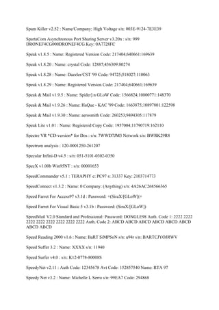 Spam Killer v2.52 : Name/Company: High Voltage s/n: 003E-9124-7E3E39

SpartaCom Asynchronous Port Sharing Server v3.20n : s/n: 999
DRONEF4CG000DRONEF4CG Key: 0A7728FC

Speak v1.8.5 : Name: Registered Version Code: 217404;640661:169639

Speak v1.8.20 : Name: crystal Code: 12887;436309:80274

Speak v1.8.28 : Name: Dazzler/CST '99 Code: 94725;518027:110063

Speak v1.8.29 : Name: Registered Version Code: 217404;640661:169639

Speak & Mail v1.9.5 : Name: Spider] n GLoW Code: 1566824;10800771:148370

Speak & Mail v1.9.26 : Name: HaQue - KAC '99 Code: 1663875;10897801:122598

Speak & Mail v1.9.30 : Name: aerosmith Code: 260253;9494305:117879

Speak Lite v1.01 : Name: Registered Copy Code: 1957004;11790719:162110

Spectre VR *CD-version* for Dos : s/n: 7WWD7JM3 Network s/n: BWRK29R8

Spectrum analysis : 120-0001250-261207

Specular Infini-D v4.5 : s/n: 051-5101-0302-0350

SpecX v1.00b Win95NT : s/n: 00001653

SpeedCommander v5.1 : TERAPHY c: PC97 s: 31337 Key: 2103714773

SpeedConnect v1.3.2 : Name: 0 Company: (Anything) s/n: 4A26AC268566365

Speed Farret For Access97 v3.1d : Password: +(SiraX/[GLoW](+

Speed Farret For Visual Basic 5 v3.1b : Password: (SiraX/[GLoW])

SpeedMail V2.0 Standard and Professional: Password: DONGLE98 Auth. Code 1: 2222 2222
2222 2222 2222 2222 2222 2222 Auth. Code 2: ABCD ABCD ABCD ABCD ABCD ABCD
ABCD ABCD

Speed Reading 2000 v1.6 : Name: BaRT SiMPSoN s/n: u94r s/n: BARTCJYOJRWV

Speed Suffer 3.2 : Name: XXXX s/n: 11940

Speed Surfer v4.0 : s/n: K12-0778-80008S

SpeedyNet v2.11 : Auth Code: 12345678 Avt Code: 152857540 Name: RTA 97

Speedy Net v3.2 : Name: Michelle L Serro s/n: 99EA7 Code: 294868
 