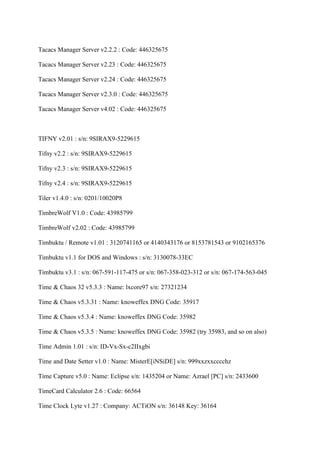 Tacacs Manager Server v2.2.2 : Code: 446325675

Tacacs Manager Server v2.23 : Code: 446325675

Tacacs Manager Server v2.24 : Code: 446325675

Tacacs Manager Server v2.3.0 : Code: 446325675

Tacacs Manager Server v4.02 : Code: 446325675



TIFNY v2.01 : s/n: 9SIRAX9-5229615

Tifny v2.2 : s/n: 9SIRAX9-5229615

Tifny v2.3 : s/n: 9SIRAX9-5229615

Tifny v2.4 : s/n: 9SIRAX9-5229615

Tiler v1.4.0 : s/n: 0201/10020P8

TimbreWolf V1.0 : Code: 43985799

TimbreWolf v2.02 : Code: 43985799

Timbuktu / Remote v1.01 : 3120741165 or 4140343176 or 8153781543 or 9102165376

Timbuktu v1.1 for DOS and Windows : s/n: 3130078-33EC

Timbuktu v3.1 : s/n: 067-591-117-475 or s/n: 067-358-023-312 or s/n: 067-174-563-045

Time & Chaos 32 v5.3.3 : Name: lxcore97 s/n: 27321234

Time & Chaos v5.3.31 : Name: knoweffex DNG Code: 35917

Time & Chaos v5.3.4 : Name: knoweffex DNG Code: 35982

Time & Chaos v5.3.5 : Name: knoweffex DNG Code: 35982 (try 35983, and so on also)

Time Admin 1.01 : s/n: ID-Vx-Sx-c2IIxgbi

Time and Date Setter v1.0 : Name: MisterE[iNSiDE] s/n: 999xxzxxcccchz

Time Capture v5.0 : Name: Eclipse s/n: 1435204 or Name: Azrael [PC] s/n: 2433600

TimeCard Calculator 2.6 : Code: 66564

Time Clock Lyte v1.27 : Company: ACTiON s/n: 36148 Key: 36164
 
