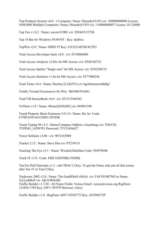 Top Producer System v6.0 : 1 Computer: Name: Dimedrol/UFO s/n: 100000000008 License:
54483000 Multiple Computers: Name: Dimedrol/UFO s/n: 110000000007 License: 01128000

Top Ten v1.0.2 : Name: escom/CORE s/n: 20544351575B

Top 10 Bar for Windows 95/98/NT : Key: tkd8wa

TopWin v2.0 : Name: ODIN 97 Key: E3CE214E58FAC5F2

Total Access Developer Suite v8.0 : s/n: ST10086080

Total Access Analyzer v2.02c for MS Access: s/n: ST66162722

Total Access Speller "Single user" for MS Access: s/n: ST42204733

Total Access Statistics v1.0a for MS Access: s/n: ST77008244

Total Timer v0.4 : Name: Decline [LAXiTY] s/n: hgsi8mtcnero4bdfg1

Totally Twisted Screensaver for Win : BII-00670-6681

Total VB SourceBook v6.0 : s/n: ST1312166343

ToThem v1.0 : Name: MisterE[iNSiDE] s/n: 845691340

Touch Property Sheet Extension 3.0.1.0 : Name: Riz la+ Code:
675B5A583A61520611501E0E

Touch Typing 98 v3.2 : Name/Company/Address: (Anything) s/n: TOUCH-
TYPING_16299781 Password: TT123436627

Tower Solitaire v2.0b : s/n: 9072163080

Tracker 2.12 : Name: Steve Hsu s/n: PT239133

Tracking The Eye v5.1 : Name: Wizzkid-DarkStar Code: 924970506

Track-IT v3.0 : Code: EBILVZOTDKLVKMQ

TracTor Pull Nationals v1.2 : edit TRAC12.Key. To get the Name only put all that comes
after line #1 in Trac12.Key.

Tradewars 2002 v2.0 : Name: The GuaRDiaN aNGeL s/n: FAFVE9M7NO or Name:
TeLLeRBoP s/n: AK31HOGMI
Traffic Builder v1.5.50 : All Name Fields: Versus Email: versus@versus.org RegNum:
123456-1789 Key: 65F1-78787P Browser: (Any)

Traffic Builder v1.8 : RegNum: 6897-395ST773 Key: 455508573P
 