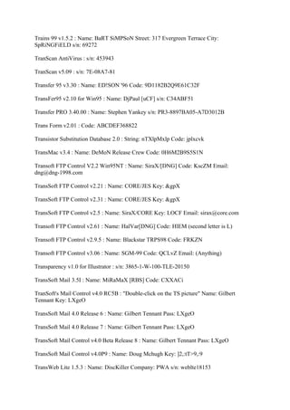 Trains 99 v1.5.2 : Name: BaRT SiMPSoN Street: 317 Evergreen Terrace City:
SpRiNGFiELD s/n: 69272

TranScan AntiVirus : s/n: 453943

TranScan v5.09 : s/n: 7E-08A7-81

Transfer 95 v3.30 : Name: ED!SON '96 Code: 9D1182B2Q9E61C32F

TransFer95 v2.10 for Win95 : Name: DjPaul [uCF] s/n: C34ABF51

Transfer PRO 3.40.00 : Name: Stephen Yankey s/n: PR3-8897BA05-A7D3012B

Trans Form v2.01 : Code: ABCDEF368822

Transistor Substitution Database 2.0 : String: nTXlpMxlp Code: jplxcvk

TransMac v3.4 : Name: DeMoN Release Crew Code: 0H6M2B9S5S1N

Transoft FTP Control V2.2 Win95NT : Name: SiraX/[DNG] Code: KscZM Email:
dng@dng-1998.com

TransSoft FTP Control v2.21 : Name: CORE/JES Key: &gpX

TransSoft FTP Control v2.31 : Name: CORE/JES Key: &gpX

TransSoft FTP Control v2.5 : Name: SiraX/CORE Key: LOCF Email: sirax@core.com

Transoft FTP Control v2.61 : Name: HalVar[DNG] Code: HlEM (second letter is L)

Transoft FTP Control v2.9.5 : Name: Blackstar TRPS98 Code: FRKZN

Transoft FTP Control v3.06 : Name: SGM-99 Code: QCLvZ Email: (Anything)

Transparency v1.0 for Illustrator : s/n: 3865-1-W-100-TLE-20150

TransSoft Mail 3.5I : Name: MiRaMaX [RBS] Code: CXXACi

TranSoft's Mail Control v4.0 RC5B : "Double-click on the TS picture" Name: Gilbert
Tennant Key: LXgeO

TransSoft Mail 4.0 Release 6 : Name: Gilbert Tennant Pass: LXgeO

TransSoft Mail 4.0 Release 7 : Name: Gilbert Tennant Pass: LXgeO

TransSoft Mail Control v4.0 Beta Release 8 : Name: Gilbert Tennant Pass: LXgeO

TransSoft Mail Control v4.0P9 : Name: Doug Mchugh Key: ]2,:tT>9,:9

TransWeb Lite 1.5.3 : Name: DiscKiller Company: PWA s/n: weblte18153
 