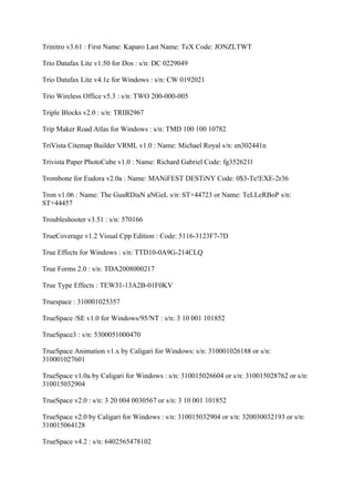 Trinitro v3.61 : First Name: Kaparo Last Name: TeX Code: JONZLTWT

Trio Datafax Lite v1.50 for Dos : s/n: DC 0229049

Trio Datafax Lite v4.1c for Windows : s/n: CW 0192021

Trio Wireless Office v5.3 : s/n: TWO 200-000-005

Triple Blocks v2.0 : s/n: TRIB2967

Trip Maker Road Atlas for Windows : s/n: TMD 100 100 10782

TriVista Citemap Builder VRML v1.0 : Name: Michael Royal s/n: en302441n

Trivista Paper PhotoCube v1.0 : Name: Richard Gabriel Code: fg352621l

Trombone for Eudora v2.0a : Name: MANiFEST DESTiNY Code: 0$3-Te!EXE-2r36

Tron v1.06 : Name: The GuaRDiaN aNGeL s/n: ST+44723 or Name: TeLLeRBoP s/n:
ST+44457

Troubleshooter v3.51 : s/n: 570166

TrueCoverage v1.2 Visual Cpp Edition : Code: 5116-3123F7-7D

True Effects for Windows : s/n: TTD10-0A9G-214CLQ

True Forms 2.0 : s/n: TDA2008000217

True Type Effects : TEW31-13A2B-01F0KV

Truespace : 310001025357

TrueSpace /SE v1.0 for Windows/95/NT : s/n: 3 10 001 101852

TrueSpace3 : s/n: 5300051000470

TrueSpace Animation v1.x by Caligari for Windows: s/n: 310001026188 or s/n:
310001027601

TrueSpace v1.0a by Caligari for Windows : s/n: 310015026604 or s/n: 310015028762 or s/n:
310015032904

TrueSpace v2.0 : s/n: 3 20 004 0030567 or s/n: 3 10 001 101852

TrueSpace v2.0 by Caligari for Windows : s/n: 310015032904 or s/n: 320030032193 or s/n:
310015064128

TrueSpace v4.2 : s/n: 6402565478102
 