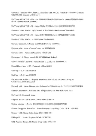 Universal Translator 98 v4.0 FINAL : Russian: UTR7991283 French: UTF5448966 German:
UTG0003886 Spanish: UTS0245341

UniVersal VESA VBE v5.1a : s/n: 10000-0991DA6B-00001 or s/n: 10000-133958B9-00001
or s/n: 10000-BADE9C00-00003

UniVersal VESA VBE v5.2 : Name: Misha [UCF] s/n: 0123456CB3084CB56789

Universal VESA VBE v5.2 (2) : Name: SCITECH s/n: 96089-AB95C663-99089

UniVersal VESA VBE v5.3 : Name: BRiTiSH [BS] s/n: 231BAF2F650DF6EDE6

Universal VESA VBE v5.x : 10000-0991DA6B-00001

Universe Creator 1.5 : Name: MARQUIS UCF s/n: 148999584

Universe v1.6 : Name: Cosmo Cramer s/n: 1337456056

Universe v1.61 : Name: draXXter s/n: 1050267360

Univerter v1.0 : Name: zaarnik-BLiZZARD Code: knkspll

UnProTect/DoS 4.2a v646 : Name: GaRY D. [UCF] s/n: 00000000138

Unreal Player Max v1.25 : Password: nMhugS3tGY

UnWrap v1.3.36 : s/n: 1931475

UnWrap v1.5.40 : s/n: 1931475

UpCheck +v6.0 : bbs: G.!.$ sysop: The GuaRDiaN aNGeL s/n: CGTI530 reg.nr:
C36254855525686159AKHB

Upcheck v6.0 : Name: Batman bbs: Gotham s/n: CBG6630 reg: L1733975511601739JGLB

Update Center Pro v1.0 : Name: IBH-RiP [Blizzard] s/n: A0B-63H-4341-5335

UpFront 2.0 : Password: house

Upgrade AID 98 : s/n: LMWJ-ZMUV-IOAV-NARVP

Uptime Monitor v1.5 : s/n: 434E455400010100,00/00/0000,ED797D29

Uranus Encryption Suite v2.01 : Name/Company: (Anything) Code: URN 2 100 1001

Uranus v4.01 : Name: fallen Code: URN 2 100 1001

URLegal 1.2 : Name: Registered Code: FC382F31

URL Address Book 3.22 : Name: Warp Code: 57061440
 
