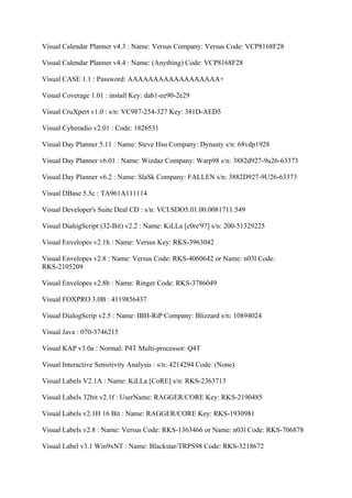 Visual Calendar Planner v4.3 : Name: Versus Company: Versus Code: VCP8168F28

Visual Calendar Planner v4.4 : Name: (Anything) Code: VCP8168F28

Visual CASE 1.1 : Password: AAAAAAAAAAAAAAAAAA+

Visual Coverage 1.01 : install Key: dab1-ee90-2e29

Visual CruXpert v1.0 : s/n: VC987-254-327 Key: 381D-AED5

Visual Cyberadio v2.01 : Code: 1826531

Visual Day Planner 5.11 : Name: Steve Hsu Company: Dynasty s/n: 68vdp1928

Visual Day Planner v6.01 : Name: Wizdaz Company: Warp98 s/n: 3882d927-9u26-63373

Visual Day Planner v6.2 : Name: SlaSk Company: FALLEN s/n: 3882D927-9U26-63373

Visual DBase 5.5c : TA961A111114

Visual Developer's Suite Deal CD : s/n: VCI.SDO5.01.00.0081711.549

Visual DialogScript (32-Bit) v2.2 : Name: KiLLa [c0re'97] s/n: 200-51329225

Visual Envelopes v2.1h : Name: Versus Key: RKS-3963042

Visual Envelopes v2.8 : Name: Versus Code: RKS-4060642 or Name: n03l Code:
RKS-2105209

Visual Envelopes v2.8b : Name: Ringer Code: RKS-3786049

Visual FOXPRO 3.0B : 4119856437

Visual DialogScrip v2.5 : Name: IBH-RiP Company: Blizzard s/n: 10894024

Visual Java : 070-3746215

Visual KAP v3.0a : Normal: P4T Multi-processor: Q4T

Visual Interactive Sensitivity Analysis : s/n: 4214294 Code: (None)

Visual Labels V2.1A : Name: KiLLa [CoRE] s/n: RKS-2363713

Visual Labels 32bit v2.1f : UserName: RAGGER/CORE Key: RKS-2190485

Visual Labels v2.1H 16 Bit : Name: RAGGER/CORE Key: RKS-1930981

Visual Labels v2.8 : Name: Versus Code: RKS-1363466 or Name: n03l Code: RKS-706878

Visual Label v3.1 Win9xNT : Name: Blackstar/TRPS98 Code: RKS-3218672
 