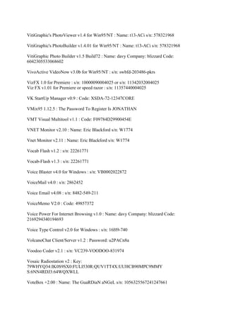 VitiGraphic's PhotoViewer v1.4 for Win95/NT : Name: t13-ACi s/n: 578321968

VitiGraphic's PhotoBuilder v1.4.01 for Win95/NT : Name: t13-ACi s/n: 578321968

VitiGraphic Photo Builder v1.5 Build72 : Name: davy Company: blizzard Code:
6042305533068602

VivoActive VideoNow v3.0b for Win95/NT : s/n: swbfd-203486-pkrs

VizFX 1.0 for Premiere : s/n: 10000090004025 or s/n: 11342032004025
Viz FX v1.01 for Premiere or speed razor : s/n: 11357440004025

VK StartUp Manager v0.9 : Code: XSDA-72-12347CORE

VMix95 1.12.5 : The Password To Register Is JONATHAN

VMT Visual Multitool v1.1 : Code: F09784D29900454E

VNET Monitor v2.10 : Name: Eric Blackford s/n: W1774

Vnet Monitor v2.11 : Name: Eric Blackford s/n: W1774

Vocab Flash v1.2 : s/n: 22261771

Vocab-Flash v1.3 : s/n: 22261771

Voice Blaster v4.0 for Windows : s/n: VB0002022872

VoiceMail v4.0 : s/n: 2862452

Voice Email v4.08 : s/n: 8482-549-211

VoiceMemo V2.0 : Code: 49857372

Voice Power For Internet Browsing v1.0 : Name: davy Company: blizzard Code:
2169294340194693

Voice Type Control v2.0 for Windows : s/n: 16H9-740

VolcanoChat Client/Server v1.2 : Password: u2PACn8a

Voodoo Coder v2.1 : s/n: VC239-VOODOO-831974

Vosaic Radiostation v2 : Key:
79WHYQ34:IK0S9SX0:FULI530R:QUV1TT4X:UUHCB90MPC9MMY
S:6NN4RDJ3:64WQXWLL

VoteBox +2.00 : Name: The GuaRDiaN aNGeL s/n: 1056325567241247661
 