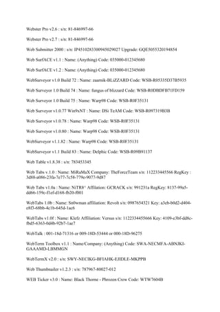 Webster Pro v2.6 : s/n: 81-846997-66

Webster Pro v2.7 : s/n: 81-846997-66

Web Submitter 2000 : s/n: IP4510283300945029027 Upgrade: GQE5055320194854

Web SurfACE v1.1 : Name: (Anything) Code: 035000-012345680

Web SurfACE v1.2 : Name: (Anything) Code: 035000-012345680

WebSurveyor v1.0 Build 72 : Name: zaarnik-BLiZZARD Code: WSB-R05335D37B5935

Web Surveyor 1.0 Build 74 : Name: fungus of blizzard Code: WSB-R0DBDFB71FD159

Web Surveyor 1.0 Build 75 : Name: Warp98 Code: WSB-R0F35131

Web Surveyor v1.0.77 Win9xNT : Name: DSi TeAM Code: WSB-R097319B3B

Web Surveyor v1.0.78 : Name: Warp98 Code: WSB-R0F35131

Web Surveyor v1.0.80 : Name: Warp98 Code: WSB-R0F35131

WebSurveyor v1.1.82 : Name: Warp98 Code: WSB-R0F35131

WebSurveyor v1.1 Build 83 : Name: Delphic Code: WSB-R09B91137

Web Table v1.8.38 : s/n: 783453345

Web Tabs v.1.0 : Name: MiRaMaX Company: TheForceTeam s/n: 112233445566 RegKey :
3d88-a086-23fa-7e77-7c58-779e-9077-9d87

Web Tabs v1.0a : Name: NiTR8^ Affilation: GCRACK s/n: 991231a RegKey: 8137-99a5-
dd66-159c-f1ef-d168-fb20-f001

WebTabs 1.0b : Name: Sn0wman affiliation: Revolt s/n: 0987654321 Key: a3eb-b0d2-d404-
e8f3-68bb-4c1b-645d-1ac6

WebTabs v1.0f : Name: Klefz Affiliation: Versus s/n: 1122334455666 Key: 4109-e3bf-dd8c-
fbd5-6363-0d4b-92b7-1ae7

WebTalk : 001-18d-71316 or 009-18D-53444 or 000-18D-96275

WebTerm Toolbox v1.1 : Name/Company: (Anything) Code: SWA-NECMFA-ABNJKI-
GAAAMD-LBMMGN

WebTermX v2.0 : s/n: SWY-NECIKG-BFIAHK-EJIDLE-MKPPB

Web Thumbnailer v1.2.3 : s/n: 787967-80027-012

WEB Ticker v3.0 : Name: Black Thorne - Phrozen Crew Code: WTW7604B
 