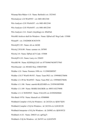Winamp Skin Maker v1.0 : Name: BerSerkA s/n: 3523443

WinAnalyzer v2.0 Win95NT : s/n: 0401-0012344

Win Analyzer v2.01 Win9xNT : s/n: 0401-0012344

Win Analyzer v2.01 Win9xNT : s/n: 0401-0012344

Win Analyzer v3.6 : Email: (Anything) s/n: 4f4e85ab

WinARJ Archiver shell for Windows : Name: DjPaul uCF Reg Code: 155808

Winarj95 : s/n: 3342D8DC4C4CF478

WinArj95 2.95 : Name: dA sn: 66240

WinArj 2.95.0.80 : Name: scanner s/n: 307095

WinArj 3.0 : Name: DjPaul uCF Code: 155808

WinArj95 4.10 : Name: Larry s/n: 250455

WinARJ 98 : Name: KEIOS@LEAF s/n: 07756966746389737965

WinASecend : s/n: 8016023 Key: EMGIVMH

WinBar v3.0 : Name: Premiere 1998 s/n: 11129805009507

WinBar v3.0.37 Win95-98-NT : Name: Team PGC s/n: 15999405270696

WinBar v3.1.99 for Win95NT : Name: Team PGC s/n: 15999405270696

WinBar v3.1.106 : Name: zaarnik-BLiZZARD s/n: 21959410059900

WinBar v3.1.109 : Name: MARK HAUBER s/n: 08951103279890

WinBar v3.1.12 WIN95NT : Name: FALLEN s/n: 019505049604

Win Batch V97d : Name: blastsoft s/n: 0T000000

WinBatch Compiler v5.01j for Windows : id: 263324 s/n: QG017Q3U

WinBatch Compiler v5.0j for Windows : id: 263336 s/n: LG01JCCR

WinBatch Interpreter v5.01j for Windows : id: 265082 s/n: QG018V2J

WinBatch v4.1E : Name: 288635 s/n: sg01kg7r

WinBatch v5.0j for Windows : id: 264747 s/n: LG01FNT9
 