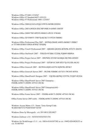 Windows Office 97:0401-1234567
Windows Office 97 Standard:4657-1931151
Windows Office 97 Professional: 0401-1234567

Windows Office 2000:GC6J3-GTQ62-FP876-94FBR-D3DX8

Windows Office 2003:GWH28-DGCMP-P6RC4-6J4MT-3HFDY

Windows Office 2004V7HF-HP2FX-MM433-JPCJC-YW68G

Windows Office XP:FM9FY-TMF7Q-KCKCT-V9T29-TBBBG

Windows Office Professional Plus 2007 – MTP6Q-D868F-448FG-B6MG7-3DBKT
or TT3M8-H3469-V89G6-8FWK7-D3Q9Q

Windows Office Visio® Professional 2007 – QB6MH-Q82HX-BFWPK-8TXTY-HHJT6

Windows Office OneNote® 2007 – TFKGD-9VXBG-T22DK-FQB9P-MBPG6

Windows Office Project Server 2007 – BWPMX-XY8XF-KGBQ6-XKT8R-GHXD3

Windows Office Project Professional 2007 – GP24P-FC3DP-HXY7Q-YG3JR-J4G3G

Windows Office Groove® 2007 – R83W8-GJQ82-GJ378-XQW9W-JBYKT

Windows Office Groove® Server 2007 – PGT8R-VBMBC-6V7GY-TW3HT-8FP36

Windows Office SharePoint® Designer 2007 – VQCR8-6KP8Q-Y2FTW-3YQD7-R22G6

Windows Office SharePoint® Server 2007 Enterprise –
FDJDK-66WCT-2HD9C-4TY63-38C4G

Windows Office SharePoint® Server 2007 Enterprise(x64) –
FDJDK-66WCT-2HD9C-4TY63-38C4G

Windows Office Forms Server 2007 – FDJDK-66WCT-2HD9C-4TY63-38C4G

Office Forms Server 2007 (x64) – FDJDK-66WCT-2HD9C-4TY63-38C4G


Windows Access Menu v3.5 : Name: Terry Georgi Code:
WAM354657272792047656F726769

Windows Draw by Micrografx : s/n: DV1001LXX10827

Windows Enforcer v3.0 : 5434343543435431354

Windows for WorkGroups v3.11 : s/n: 18016-010-0187302 or s/n: 19492-020-0028353 or
s/n: 511807955
 