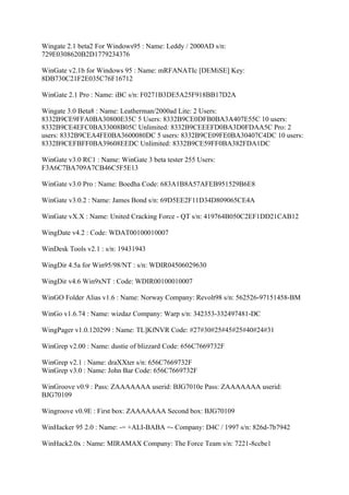 Wingate 2.1 beta2 For Windows95 : Name: Leddy / 2000AD s/n:
729E0308620B2D1779234376

WinGate v2.1b for Windows 95 : Name: mRFANATIc [DEMiSE] Key:
8DB730C21F2E035C76F16712

WinGate 2.1 Pro : Name: iBC s/n: F0271B3DE5A25F918BB17D2A

Wingate 3.0 Beta8 : Name: Leatherman/2000ad Lite: 2 Users:
8332B9CE9FFA0BA30800E35C 5 Users: 8332B9CE0DFB0BA3A407E55C 10 users:
8332B9CE4EFC0BA33008B05C Unlimited: 8332B9CEEEFD0BA3D0FDAA5C Pro: 2
users: 8332B9CEA4FE0BA3600080DC 5 users: 8332B9CE09FE0BA30407C4DC 10 users:
8332B9CEFBFF0BA39608EEDC Unlimited: 8332B9CE59FF0BA382FDA1DC

WinGate v3.0 RC1 : Name: WinGate 3 beta tester 255 Users:
F3A6C7BA709A7CB46C5F5E13

WinGate v3.0 Pro : Name: Boedha Code: 683A1B8A57AFEB951529B6E8

WinGate v3.0.2 : Name: James Bond s/n: 69D5EE2F11D34D809065CE4A

WinGate vX.X : Name: United Cracking Force - QT s/n: 419764B050C2EF1DD21CAB12

WingDate v4.2 : Code: WDAT00100010007

WinDesk Tools v2.1 : s/n: 19431943

WingDir 4.5a for Win95/98/NT : s/n: WDIR04506029630

WingDir v4.6 Win9xNT : Code: WDIR00100010007

WinGO Folder Alias v1.6 : Name: Norway Company: Revolt98 s/n: 562526-97151458-BM

WinGo v1.6.74 : Name: wizdaz Company: Warp s/n: 342353-332497481-DC

WingPager v1.0.120299 : Name: TL]KfNVR Code: #27#30#25#45#25#40#24#31

WinGrep v2.00 : Name: dustie of blizzard Code: 656C7669732F

WinGrep v2.1 : Name: draXXter s/n: 656C7669732F
WinGrep v3.0 : Name: John Bar Code: 656C7669732F

WinGroove v0.9 : Pass: ZAAAAAAA userid: BJG7010e Pass: ZAAAAAAA userid:
BJG70109

Wingroove v0.9E : First box: ZAAAAAAA Second box: BJG70109

WinHacker 95 2.0 : Name: -= +ALI-BABA =- Company: D4C / 1997 s/n: 826d-7b7942

WinHack2.0x : Name: MIRAMAX Company: The Force Team s/n: 7221-8ccbe1
 