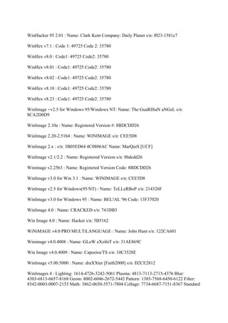 WinHacker 95 2.01 : Name: Clark Kent Company: Daily Planet s/n: f023-1581c7

WinHex v7.1 : Code 1: 49725 Code 2: 35780

WinHex v8.0 : Code1: 49725 Code2: 35780

WinHex v8.01 : Code1: 49725 Code2: 35780

WinHex v8.02 : Code1: 49725 Code2: 35780

WinHex v8.10 : Code1: 49725 Code2: 35780

WinHex v8.23 : Code1: 49725 Code2: 35780

WinImage +v2.5 for Windows 95/Windows NT: Name: The GuaRDiaN aNGeL s/n:
8CA2D0D9

WinImage 2.10a : Name: Registered Version #: 8BDCDD26

WinImage 2.20-2.51b4 : Name: WINIMAGE s/n: CEE5D8

WinImage 2.x : s/n: 3B05ED64 4C0806AC Name: MarQuiS [UCF]

WinImage v2.1/2.2 : Name: Registered Version s/n: 8bdcdd26

Winimage v2.25b3 : Name: Registered Version Code: 8BDCDD26

WinImage v3.0 for Win 3.1 : Name: WINIMAGE s/n: CEE5D8

WinImage v2.5 for Windows(95/NT) : Name: TeLLeRBoP s/n: 214326F

WinImage v3.0 for Windows 95 : Name: BEL!AL '96 Code: 13F37020

WinImage 4.0 : Name: CRACKED s/n: 741DB3

Win Image 4.0 : Name: Hacker s/n: 5B5162

WiNiMAGE v4.0 PRO MULTiLANGUAGE : Name: John Hunt s/n: 122CA601

Winimage v4.0.4008 : Name: GLoW eXzibiT s/n: 31AE869C

Win Image v4.0.4009 : Name: Capoeira/TS s/n: 10C3528E

WinImage v5.00.5000 : Name: draXXter [Faith2000] s/n: D2CE2812

WinImages 4 : Lighting: 1614-4726-3242-5061 Plasma: 4813-7113-2715-4376 Blur:
4303-6813-6657-8168 Geom: 8002-6046-2672-5442 Pattern: 1385-7568-6450-6122 Filter:
8542-0003-0007-2153 Math: 3862-0650-3571-7804 Collage: 7734-6687-7151-8367 Standard
 