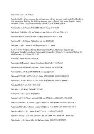 WinShield v1.0 : s/n: 550836

Winshred v1.0 : When you start the software, you will see a screen which reads WinShred is a
trial application. Holding the shift key down on your keyboard, click on the Register button
and enter: Name: Greg Peters Company: (blank) KeyA: 1048 KeyB: 0

WinShuffle v2.0 : Name: PHROZEN CREW Code: W8F56RJ

WinSleuth Gold Plus v2.0 for Windows : s/n: 240-14256 or s/n: 201-1629

Winsome Screen Savers : Name: tYruS@c4n.edu s/n: WTSS-2001

WinSpec32 v1.3 : Name: Arthur Fawcett s/n: 14110640

WinSpec 32 v1.4 : Name: Ruth Haagenson s/n: 14110640

WinSMTP for Windows : Name: The GuaRDiaN aNGeL Shareware Register Key:
RHyacrqa+UzxuDaTAgnIFevn Commercial Register Key: l6bkxEy++-mqyhacuV3h8efg (for
all) Company: G.!.$ Node: 99:99:99

Winsock : Name: Me s/n: 39323CC3

Winsock 2.1 (Trumpet) : Name: Greythorne PassCode: 7C8C7CA0

Winsock for windows (all versions) : Name: Batman s/n: 6E90014E

Winsock32 v3.10 : Key: 987645321 Code: cipqhpibsmri

Winsock RCP RSH REXEC v2.02 : Code: 879098RCPRSH1006CEDAXX

Winsock RCP RSH REXEC v2.03 : Code: 879098RCPRSH1006CEDAXX

Winspec32 v1.2 : s/n: WS - 28013012

WinSplit v3.03 : Code: WIN-SPLIT-3002

WinSports v1.0.6 : Code: 8f7j36f9wk

Winstock v1.17.2 : Name: Vizion/CORE s/n: 3568-8034-6398-5007-1993-1983

WinStockPRO v2.1.4 : Name: rAggEr/CORE s/n: 3568-8034-6398-5007-1993-1912

WinStockPRO v2.2.1 : Name: rAggEr/CORE s/n: 3568-8034-6398-5007-1993-1912

WinStock PRO v2.3.1 : Name: UNICITY s/n: 115-97-88-50-99-100

Winstock Pro v2.4.1 : Name: Vizion/CORE s/n: 3568-8034-6398-5007-1993-1983

Winstructor v1.0 : Name: dRn-1@DarkAge Code: 0001930EE4F97B45
 