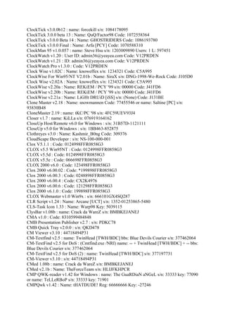 ClockTick v3.0.0b12 : name: forcekill s/n: 1084178095
ClockTick 3.0.0 beta 13 : Name: QuQ/Factor98 Code: 1072558364
ClockTick v3.0.0 Beta 14 : Name: GHOSTRIDERS Code: 1086193780
ClockTick v3.0.0 Final : Name: Arfa [PCY] Code: 1070588310
ClockMan 95 v1.0.057 : name: Steve Hsu s/n: 1203009890 Users: 1 L: 597451
ClockWatch v1.20 : User ID: admin36@yeayea.com Code: V12PRDEN
ClockWatch v1.21 : ID: admin36@yeayea.com Code: V12PRDEN
ClockWatch Pro v1.3.0 : Code: V12PRDEN
Clock Wise v1.02C : Name: knoweffex s/n: 1234321 Code: C5A995
ClockWise For Win95/NT V2.01b : Name: SiraX s/n: DNG-1998-We-Rock Code: J105D0
Clock Wise v2.02A : Name: knoweffex s/n: 1234321 Code: C5A995
ClockWise v2.20a : Name: REKiEM / PCY '99 s/n: 00000 Code: J41FD6
ClockWise v2.20b : Name: REKiEM / PCY '99 s/n: 00000 Code: J41FD6
ClockWise v2.21a : Name: LiGHt DRUiD [iSS] s/n: (None) Code: J131BE
Clone Master v2.18 : Name: snowmannen Code: 77455546 or name: Saltine [PC] s/n:
93830B48
CloneMaster 2.19 : name: tKC/PC '98 s/n: 4FC59UEV93J4
Closer v1.7 : name: KiLLa s/n: 076919164162
CloseUp Host/Remote v6.0 for Windows : s/n: 31B57D-1121111
CloseUp v5.0 for Windows : s/n: 1BB463-852875
Clothreyes v3.0 : Name: Kashmir_B0ng Code: 309376
CloudScape Developer : s/n: NS-100-000-001
Clox V5.1.1 : Code: 0124998FFR0858G3
CLOX v5.5 Win95NT : Code: 0124998FFR0858G3
CLOX v5.5d : Code: 0124998FFR0858G3
CLOX v5.5e : Code: 066698FFR0858G3
CLOX 2000 v6.0 : Code: 123498FFR0858G3
Clox 2000 v6.00.02 : Code: *199898FFR0858G3
Clox 2000 v6.00.3 : Code: 0248898FFR0858G3
Clox 2000 v6.00.4 : Code: CX2K4976
Clox 2000 v6.00.6 : Code: 121298FFR0858G3
Clox 2000 v6.1.0 : Code: 199898FFR0858G3
CLOX Webmaster v1.0 Win9x : s/n: 666101GX4SQ287
CLR Script v1.24 : Name: Arcane [UCT] s/n: 1352-01253865-5480
CLS-Task Icon 1.33 : Name: Warp98 Key: 5039115
ClysBar v1.08b : name: Crack da WareZ s/n: BMBKEJANEJ
CMA v1.0 : Code: 8310599484848
CMB Presentation Publisher v2.7 : s/n: PDKC78
CMB Quick Tray v2.0.0 : s/n: QKD478
CM Viewer v3.10 : 44718494P31
CM-Textfind v2.5 : name: TwinHead [TWH/BDC] bbs: Blue Devils Courier s/n: 377462064
CM-TextFind v2.5 for DoS : (Cmtfind.exe /NRI) name: -- + TwinHead [TWH/BDC] + -- bbs:
Blue Devils Courier s/n: 377462064
CM-TextFind v2.5 for DoS (2) : name: TwinHead [TWH/BDC] s/n: 377197731
CM-Viewer v3.10 : s/n: 44718494P31
CMed 1.08b : name: Crack da WareZ s/n: BMBKEJANEJ
CMed v2.1b : Name: TheForceTeam s/n: HLIJFKHPCR
CMP QWK-reader v1.42 for Windows : name: The GuaRDiaN aNGeL s/n: 33333 key: 77090
or name: TeLLeRBoP s/n: 33333 key: 71901
CMPQwk v1.42 : Name: tHATDUDE! Reg: 66666666 Key: -27246
 