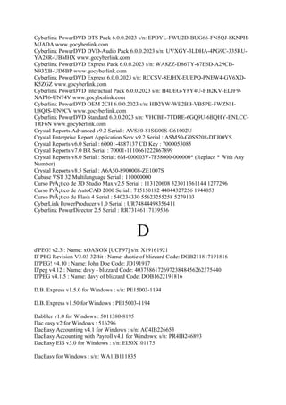 Cyberlink PowerDVD DTS Pack 6.0.0.2023 s/n: EPDYL-FWU2D-BUG66-FN5QJ-8KNPH-
MJADA www.gocyberlink.com
Cyberlink PowerDVD DVD-Audio Pack 6.0.0.2023 s/n: UVXGY-3LDHA-4PG9C-335RU-
YA28R-UBMHX www.gocyberlink.com
Cyberlink PowerDVD Express Pack 6.0.0.2023 s/n: WA8ZZ-D86TY-67E6D-A29CB-
N93XB-UD5BP www.gocyberlink.com
Cyberlink PowerDVD Express 6.0.0.2023 s/n: RCCSV-8EJHX-EUEPQ-PNEW4-GV6XD-
K5ZGZ www.gocyberlink.com
Cyberlink PowerDVD Interactual Pack 6.0.0.2023 s/n: H4DEG-Y8Y4U-HB2KV-ELJF9-
XAPJ6-UN74V www.gocyberlink.com
Cyberlink PowerDVD OEM 2CH 6.0.0.2023 s/n: HD2YW-WE2BB-VB5PE-FWZNH-
U8QJS-UN9CV www.gocyberlink.com
Cyberlink PowerDVD Standard 6.0.0.2023 s/n: VHCBB-7TDRE-6GQ9U-6BQHY-ENLCC-
TRF6N www.gocyberlink.com
Crystal Reports Advanced v9.2 Serial : AVS50-81SG00S-G61002U
Crystal Enterprise Report Application Serv v9.2 Serial : ASM50-G0SS208-DTJ00YS
Crystal Reports v6.0 Serial : 60001-4887137 CD Key : 7000053085
Crystal Reports v7.0 BR Serial : 70001-1110661222467899
Crystal Reports v8.0 Serial : Serial: 6M-000003V-7F58000-000000* (Replace * With Any
Number)
Crystal Reports v8.5 Serial : A6A50-8900008-ZE1007S
Cubase VST 32 Multilanguage Serial : 110000000
Curso PrÃ¡tico de 3D Studio Max v2.5 Serial : 113120608 323011361144 1277296
Curso PrÃ¡tico de AutoCAD 2000 Serial : 715150182 44044327256 1944053
Curso PrÃ¡tico de Flash 4 Serial : 540234330 55623255258 5279103
CyberLink PowerProducer v1.0 Serial : UR74844498356411
Cyberlink PowerDirector 2.5 Serial : RR73146117139536



                                         D
d'PEG! v2.3 : Name: xOANON [UCF97] s/n: X19161921
D`PEG Revision V3.03 32Bit : Name: dustie of blizzard Code: DOB211817191816
D'PEG! v4.10 : Name: John Doe Code: JD191917
D'peg v4.12 : Name: davy - blizzard Code: 403758617269723848456262375440
D'PEG v4.1.5 : Name: davy of blizzard Code: DOB1622191816

D.B. Express v1.5.0 for Windows : s/n: PE15003-1194

D.B. Express v1.50 for Windows : PE15003-1194

Dabbler v1.0 for Windows : 5011380-8195
Dac easy v2 for Windows : 516296
DacEasy Accounting v4.1 for Windows : s/n: AC4IB226653
DacEasy Accounting with Payroll v4.1 for Windows: s/n: PR4IB246893
DacEasy EIS v5.0 for Windows : s/n: EI50X101175

DacEasy for Windows : s/n: WA1IB111835
 