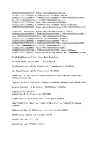 7003000000000001068553 +25 User: 7001100000000007268560 or
7002400000000005668562 or 7003320000000001268565 +50 User:
7001420000000007268576 or 7002510000000008268572 or 7003600000000003668573 +1
Port: 7001810000000007968513 or 7002510000000009568518 or
7003820000000005268511 +5 Port: 7001110000000000668524 or
7002220000000002568522 or 7003310000000000668524 +Addon OCR Server:
7001300000000008868000 +Addon Internet Hosting Services: 7001310000000008268100

DAVID v5.11 WindowsNT : System: 7890001234560005069023 +1 User:
7001710000000006668541 or 7002610000000006868548 or 7003510000000006668541 +5
User: 7001020000000008568550 or 7002110000000005968558 or
7003000000000001068553 +25 User: 7001100000000007268560 or
7002400000000005668562 or 7003320000000001268565 +50 User:
7001420000000007268576 or 7002510000000008268572 or 7003600000000003668573 +1
Port: 7001810000000007968513 or 7002510000000009568518 or
7003820000000005268511 +5 Port: 7001110000000000668524 or
7002220000000002568522 or 7003310000000000668524 +Addon OCR Server:
7001300000000008868000 +Addon Internet Hosting Services: 7001310000000008268100

Davids BackGammon v2.6.5d : Name: dustie Code: hmg

DaVinci E-mail v2.52 : s/n: 52XVD-GBEUP-6BP3A

Day-Timer Organizer v1.0 for Windows : s/n: 710000000 or s/n: 710000006

Day-Timer Organizer v2.0 for WIndows : s/n: 720100000

DayByDay v1.3 : hold (SHIFT-F10) note number hold (SHIFT -Fx) (x= current day: 1
Sunday, 2 Monday etc)

Daymaker 3.0.3 : 0148D-0F68F9-1F100 or 0349-13D8B8-F5000 or 03409-13D8B8-F5000

Daytimer Organizer v1.0 for Windows : 710000000 or 710000006

Daytimer v2.0 : 720003976
DAZzle Plus v2.1 for Windows : s/n: DP940235

DAZzle Plus v2.1b for Windows : s/n: 1234567 or s/n: 0503600

DB-CONNECTOR : WinNT s/n: *$nD#IUC2jT+4 Win95 s/n: *$nD#IUC2j*90 Code:
C0000003

DB2 Access Library for DBTools.h++ v3.1.1 : s/n: 34108-09-001009

DB2 Universal Database v5.2 : s/n: 1200-132132

dBase III Plus : s/n: 3745331-26

dBase IV v1.1 : s/n: TA711C10144812
 