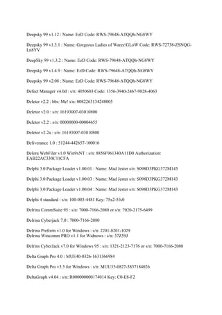 Deepsky 99 v1.12 : Name: EzD Code: RWS-79648-ATQQh-NG8WY

Deepsky 99 v1.3.1 : Name: Gorgeous Ladies of WarezGLoW Code: RWS-72738-ZSNQG-
Ln8YV

DeepSky 99 v1.3.2 : Name: EzD Code: RWS-79648-ATQQh-NG8WY

Deepsky 99 v1.4.9 : Name: EzD Code: RWS-79648-ATQQh-NG8WY

Deepsky 99 v2.08 : Name: EzD Code: RWS-79648-ATQQh-NG8WY

Defect Manager v4.0d : s/n: 4050603 Code: 1356-3940-2467-9828-4063

Deleter v2.2 : bbs: Me! s/n: 0082263134248005

Deletor v2.0 : s/n: 16193007-03010800

Deletor v2.2 : s/n: 00000000-00004655

Deletor v2.2a : s/n: 16193007-03010800

Deliverance 1.0 : 51244-442657-100016

Delora WebFiler v1.0 Win9xNT : s/n: 8856F961340A11D0 Authorization:
EAB22AC330C11CFA

Delphi 3.0 Package Loader v1.00.01 : Name: Mad Jester s/n: S098D3PKG372M143

Delphi 3.0 Package Loader v1.00.03 : Name: Mad Jester s/n: S098D3PKG372M143

Delphi 3.0 Package Loader v1.00.04 : Name: Mad Jester s/n: S098D3PKG372M143

Delphi 4 standard : s/n: 100-003-4481 Key: 75x2-5fx0

Delrina CommSuite 95 : s/n: 7000-7166-2080 or s/n: 7020-2175-6499

Delrina Cyberjack 7.0 : 7000-7166-2080

Delrina Preform v1.0 for Windows : s/n: 2201-8201-1029
Delrina Wincomm PRO v1.1 for Widnows : s/n: 37Z59J

Delrins CyberJack v7.0 for Windows 95 : s/n: 1321-2123-7176 or s/n: 7000-7166-2080

Delta Graph Pro 4.0 : MUE40-0326-1631366984

Delta Graph Pro v3.5 for Windows : s/n: MUU35-0827-3837184026

DeltaGraph v4.04 : s/n: R000000000174014 Key: C0-E8-F2
 