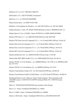 DiskTop v4.5.1 or 4.5.2 : 0065449 or 0065279

DiskTracker 1.0.3 : UKUYUSYOKE 'Anonymous'

DiskView v1.5 : s/n: 9876543I-8NEPZ0H9

Disney Screen Saver : s/n: DSW-91929-1488

DisPatch v1.0 by Qualitas for Windows : s/n: 100 3520 10180 or s/n: 100 7610 30040

Display Destroyer : Code: 279_WN8Y754508 (ReName scr file to "DISPDEST.EXE /c")

Display Doctor 5.2 (ex. UniVBE) : Name: SCITECH s/n: 96089-AB95C66399089

Distinct FTP Client v1.1 : s/n: A00CNET010014445 key Code: B6-F9-00

Distinct FTP Client ActiveX Component V3.1.1 : s/n: F-SiraX-DNG-1998 key: 58-8A-A2

Distinct Mail ActiveX Component V3.1.1 : s/n: F-SiraX-DNG-1998 key: 58-8A-A2

Distinct News ActiveX Component V3.1.1 : s/n: F-SiraX-DNG-1998 key: 58-8A-A2

Distinct RCP ActiveX Component V3.1.1 : s/n: F-SiraX-DNG-1998 key: 58-8A-A2

Distinct IntelliTerm v6.0 : s/n: A00CNET010013782 key Code: 73-FF-B8

Distinct ONC RPC/XDR ToolKit V3.0 : s/n: I-SIRAX/[REVOLT] key: D1-65-CA

Distinct TCP/IP v3.21 for Windows : s/n: AD00081094 key: 78-17-DF or s/n: R00WELLF00
key: F6-72-F2

Distinct TCP/IP v3.21 for Windows (2) : s/n: R00WELLF00 key: F6-72-F2

Distinct Visual Internet Toolkit v4.0 : s/n: D123-SiraX-FCN98 Key: A8-EB-1D

Distinct Visual Internet Toolkit v4.0 Dll Edition : s/n: D123-SiraX-FCN98 Key: A8-EB-1D

Distributed Observer v6.0 : Observer: Name: Chafe Company: The Exterminators ID:
25632698 License: 12345678-41712292999 Advanced Probe: ID: 12345678 License:
4245365

Ditto 1.0 : XXXXXXXX-XXXXXXXX (any numbers in this format)

Diz-it v1.3 : Name: TwinHead [TWH/BDC] s/n:.156024

Diz-it v1.3 PRO : Name: TwinHead [TWH/BDC] s/n: 489984

DizCat v1.00 for Dos : Name: TwinHead [TWH/UCF] s/n: DC29039743938-709
 