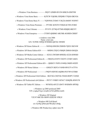 » Windows Vista Business ———– J9QVT-JJMB9-RVJ38-M8KT6-DMT9M

 » Windows Vista Home Basic ——— KJTCW-YQGRK-XPQMR-YTQG8-DKVG6

 » Windows Vista Home Basic N ——- YQWWH-2YD6Y-V3K2X-H4H8V-WJ8WT

  » Windows Vista Home Premium —— PYYBC-K9XT9-V92KD-6CT89-4VB82

   » Windows Vista Ultimate ———— PVVFY-2F78Q-8T7M8-HDQB2-BR3YT

  » Windows Vista Enterprise ———- CYD8T-QHBMC-6RCMK-4GHRD-CRRB7

                          » windows vista 2006
                            Name: cristi suta
               S/N: TCP8W-T8PQJ-WWRRH-QH76C-99FBW

 » Windows XP Home Edition K ———- W8F6Q-HM3JB-2XRHD-7Q92J-XKY6W

 » Windows XP Home Edition KN ——— M9D9J-2TQV2-FBJQP-2M8G8-DGQ26

 » Windows XP Media Center Edition —– H23CJ-2WXM9-M9D2K-42226-DJWRD

  » Windows XP Professional Edition K —- FRH2X-6VD7F-YH2TV-2V8B7-J46F6

 » Windows XP Professional Edition KN — QKBGY-T8JFG-F448Q-24KR9-48XPJ

  » Windows XP Home Edition ———— GHGCP-3KFC6-Y4J4D-MVG7V-67TV6

  » Windows XP Professional ————- F9QV9-HDYR3-6QDR4-PGVW9-GTBBJ

» Windows XP Professional IA64 Edition – BGVXG-CM3VK-FX848-B9JPY-YJJXD

» Windows XP Professional x64 Edition — PFFY7-Y9RRY-MT6C7-XMQPK-RWFCW

 » Windows XP Tablet PC Edition ——– WFMYK-68Y2T-JD473-W8DMW-8PFHQ

                      » Windows xp 2005 professed 2005
                S/N: yvgkq-b7qyx-wwpbr-m7t2r-pb8bm (null)

                         » Windows XP Original
                   V2C47-MK7JD-3R89F-D2KXW-VPK3J

                          » Windows ME Full Retail
                    s/n: Gy9fq-2j9mr-pm78b-j9jct-x8rdg

                  » Windows ME Product key cipher raise 98
 