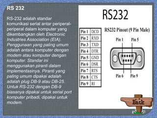 RS 232
RS-232 adalah standar
komunikasi serial antar periperal-
periperal dalam komputer yang
dikembangkan oleh Electronic
Industries Association (EIA).
Penggunaan yang paling umum
adalah antara komputer dengan
modem atau komputer dengan
komputer. Standar ini
menggunakan piranti dalam
implementasinya. Piranti yang
paling umum dipakai adalah
adalah plug DB-9 atau DB-25.
Untuk RS-232 dengan DB-9
biasanya dipakai untuk serial port
komputer pribadi, dipakai untuk
modem.
 