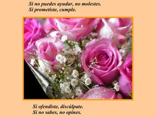 Si no puedes ayudar, no molestes.    Si prometiste, cumple. Si ofendiste, discúlpate.  Si no sabes, no opines.  