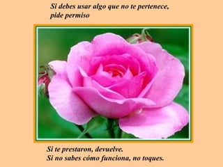 Si debes usar algo que no te pertenece,
 pide permiso




Si te prestaron, devuelve.
Si no sabes cómo funciona, no toques.
 