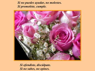 Si no puedes ayudar, no molestes.
Si prometiste, cumple.




 Si ofendiste, discúlpate.
 Si no sabes, no opines.
 
