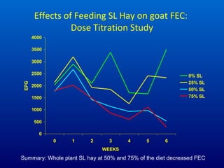 0
500
1000
1500
2000
2500
3000
3500
4000
0 1 2 3 4 5 6
WEEKS
EPG
0% SL
25% SL
50% SL
75% SL
Effects of Feeding SL Hay on g...