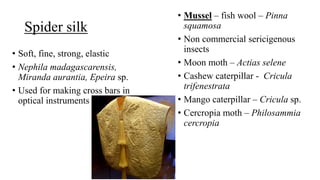 Spider silk
• Soft, fine, strong, elastic
• Nephila madagascarensis,
Miranda aurantia, Epeira sp.
• Used for making cross bars in
optical instruments
• Mussel – fish wool – Pinna
squamosa
• Non commercial sericigenous
insects
• Moon moth – Actias selene
• Cashew caterpillar - Cricula
trifenestrata
• Mango caterpillar – Cricula sp.
• Cercropia moth – Philosammia
cercropia
 