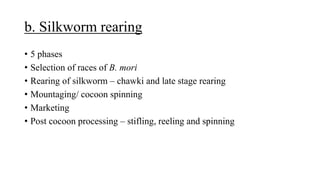 b. Silkworm rearing
• 5 phases
• Selection of races of B. mori
• Rearing of silkworm – chawki and late stage rearing
• Mountaging/ cocoon spinning
• Marketing
• Post cocoon processing – stifling, reeling and spinning
 