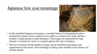 Japanese low cost mountage
• In this modified Japanese mountage, a wooden frame of 4 longitudinal rods is
attached by means of cross-spokes at two ends to a central axis. Each rod has a
number of pegs placed at equal distances. These pegs are connected by long
threads to twisted rice straw in a regular pattern like that of charpoy
• The size of frame and the number of pegs can be modified according to the
requirement of the rearer. This mountage is cheap, more durable a less chances of
disease spread.
 