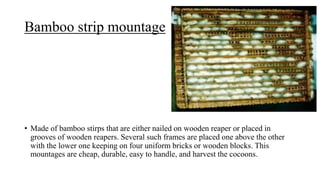 Bamboo strip mountage
• Made of bamboo stirps that are either nailed on wooden reaper or placed in
grooves of wooden reapers. Several such frames are placed one above the other
with the lower one keeping on four uniform bricks or wooden blocks. This
mountages are cheap, durable, easy to handle, and harvest the cocoons.
 